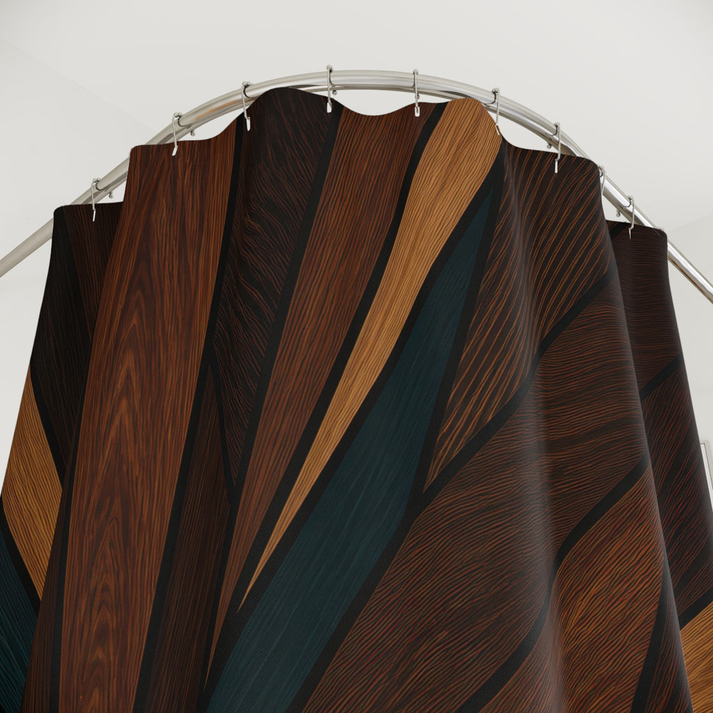 Walnut wood starburst with black teal and copper inlays shower curtain with close-up print, hooks, and folds