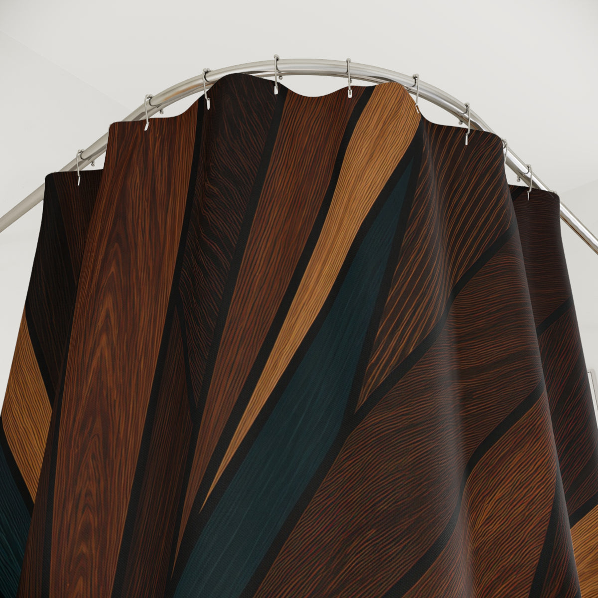 Walnut wood starburst with black teal and copper inlays shower curtain with close-up print, hooks, and folds