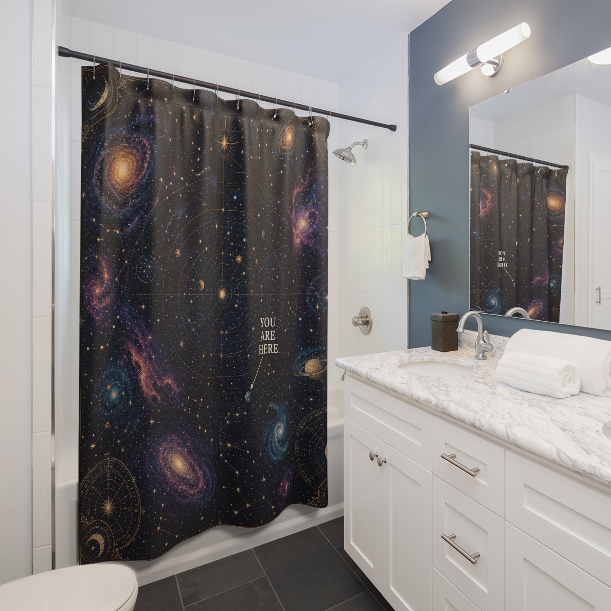 Unique Space Shower Curtain, You Are Here Galaxy Map Art, Celestial Astronomy Bathroom Decor, Starry Wall Guest Bath Gift For Home