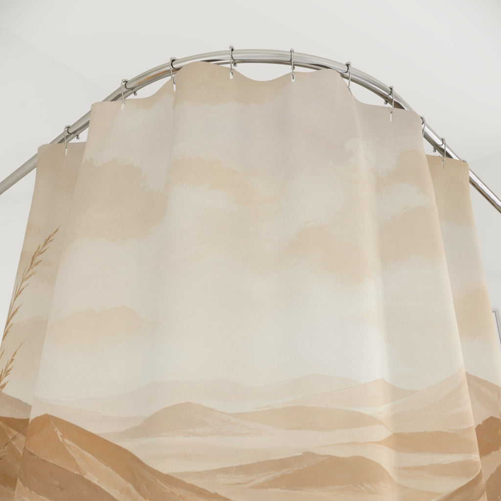 Sweeping tan dunes and wind-shaped grasses beneath a hazy horizon shower curtain with close-up print, hooks, and folds