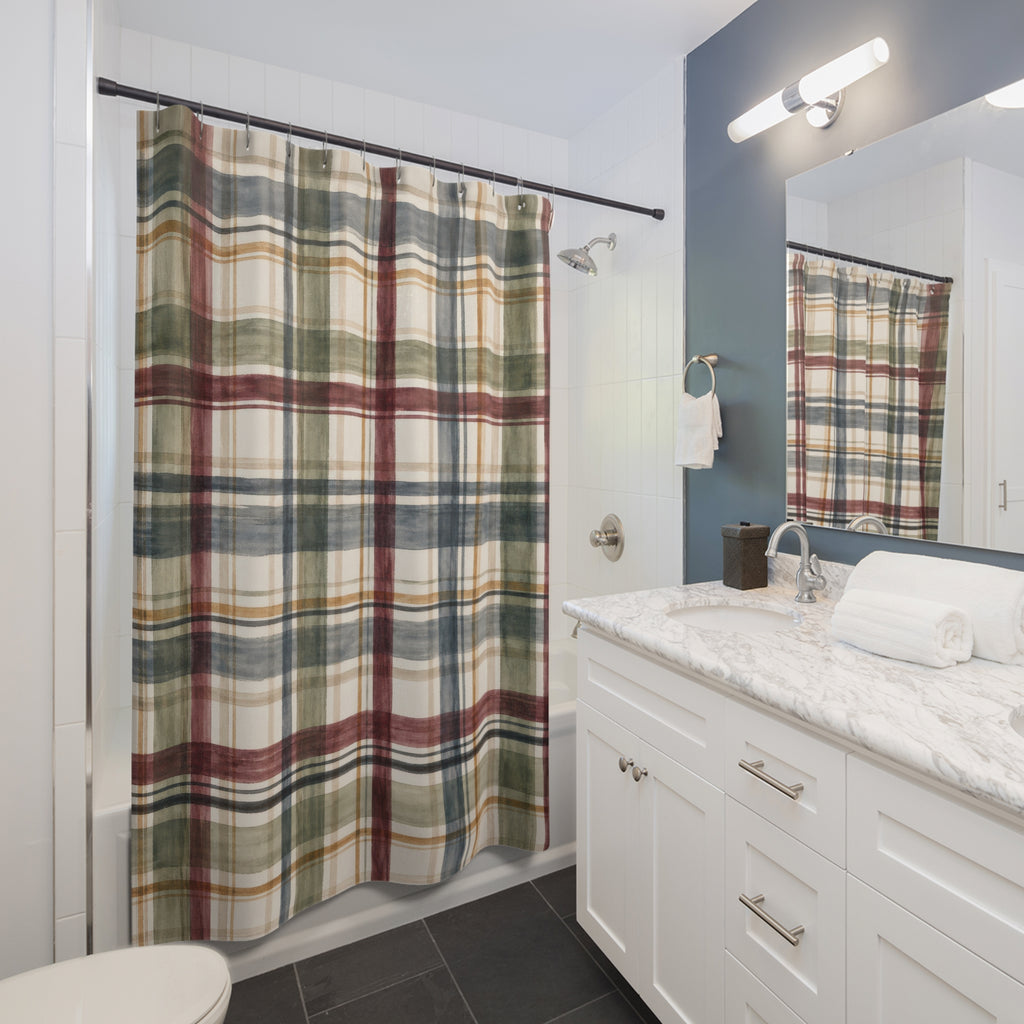 Plaid Shower Curtain, Red Navy Green Tartan Check Pattern, Classic Farmhouse Bathroom Decor, Cozy Cabin Wall Decor Guest Bath Wall Gift