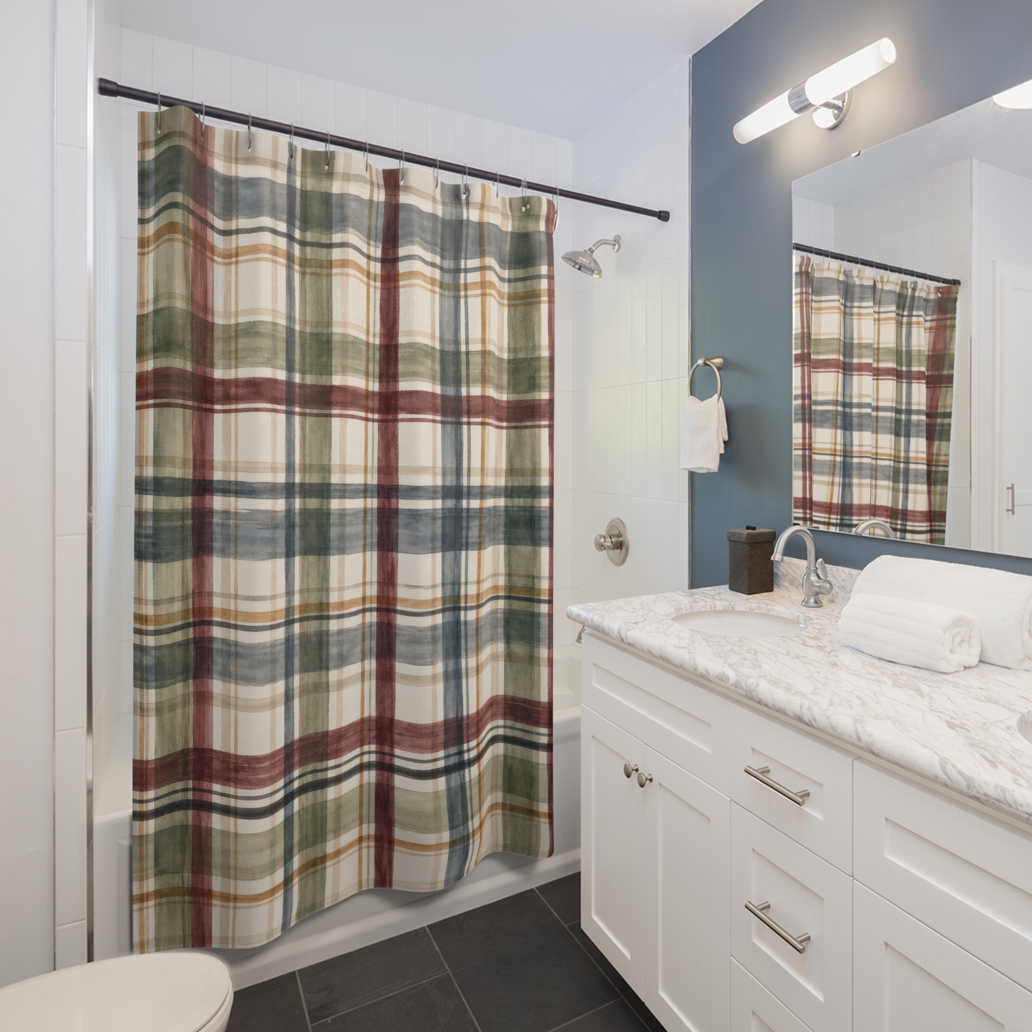 Plaid Shower Curtain, Red Navy Green Tartan Check Pattern, Classic Farmhouse Bathroom Decor, Cozy Cabin Wall Decor Guest Bath Wall Gift