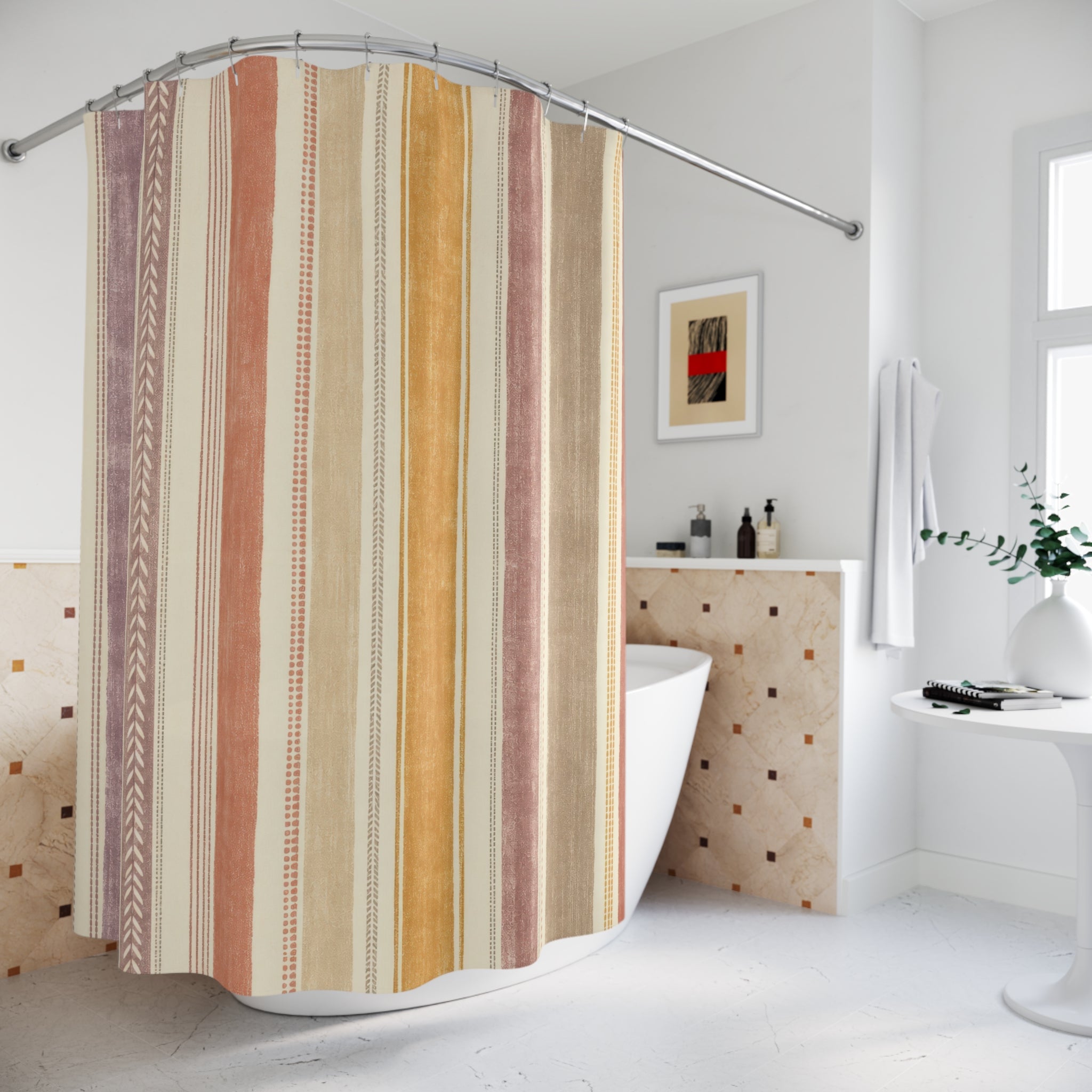 Dusty Mauve Mustard Terracotta Stripe Shower Curtain