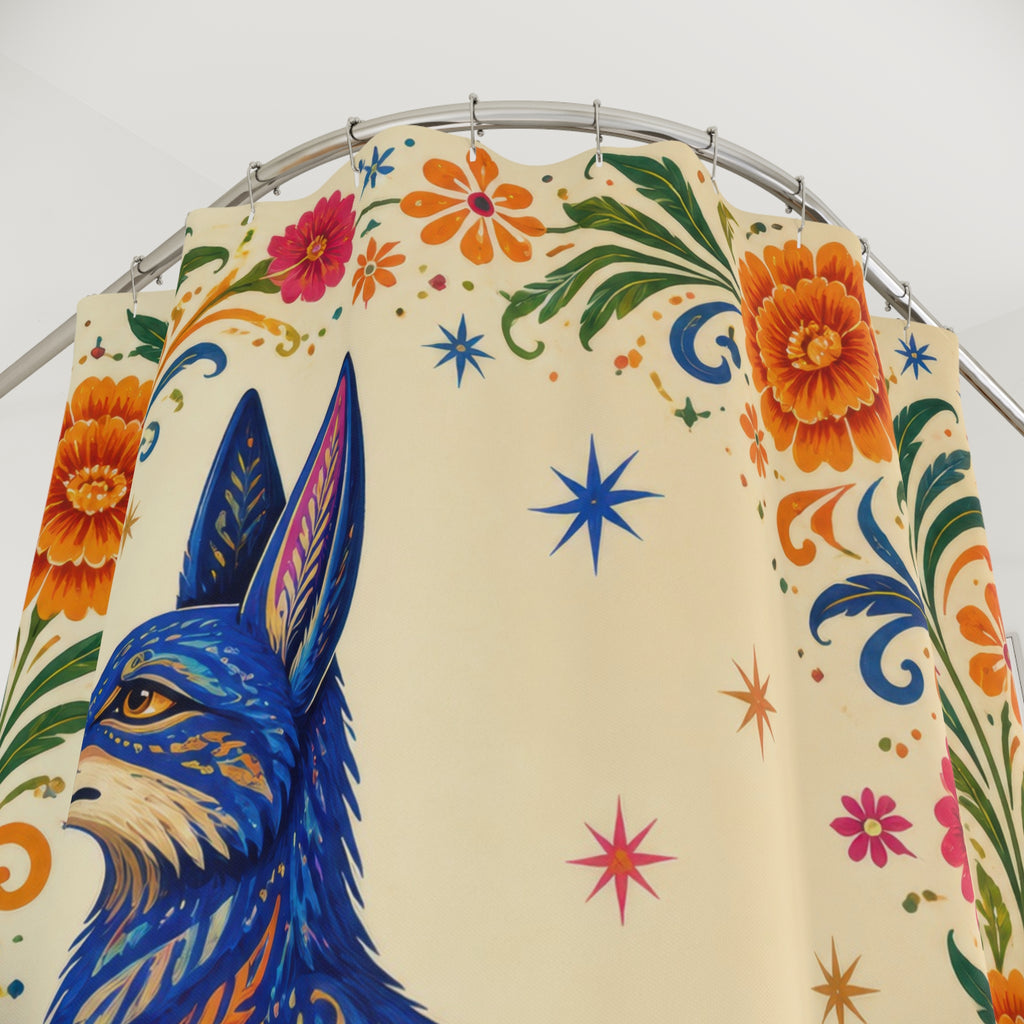 Cobalt alebrije coyote beneath a floral arch shower curtain with close-up print, hooks, and folds
