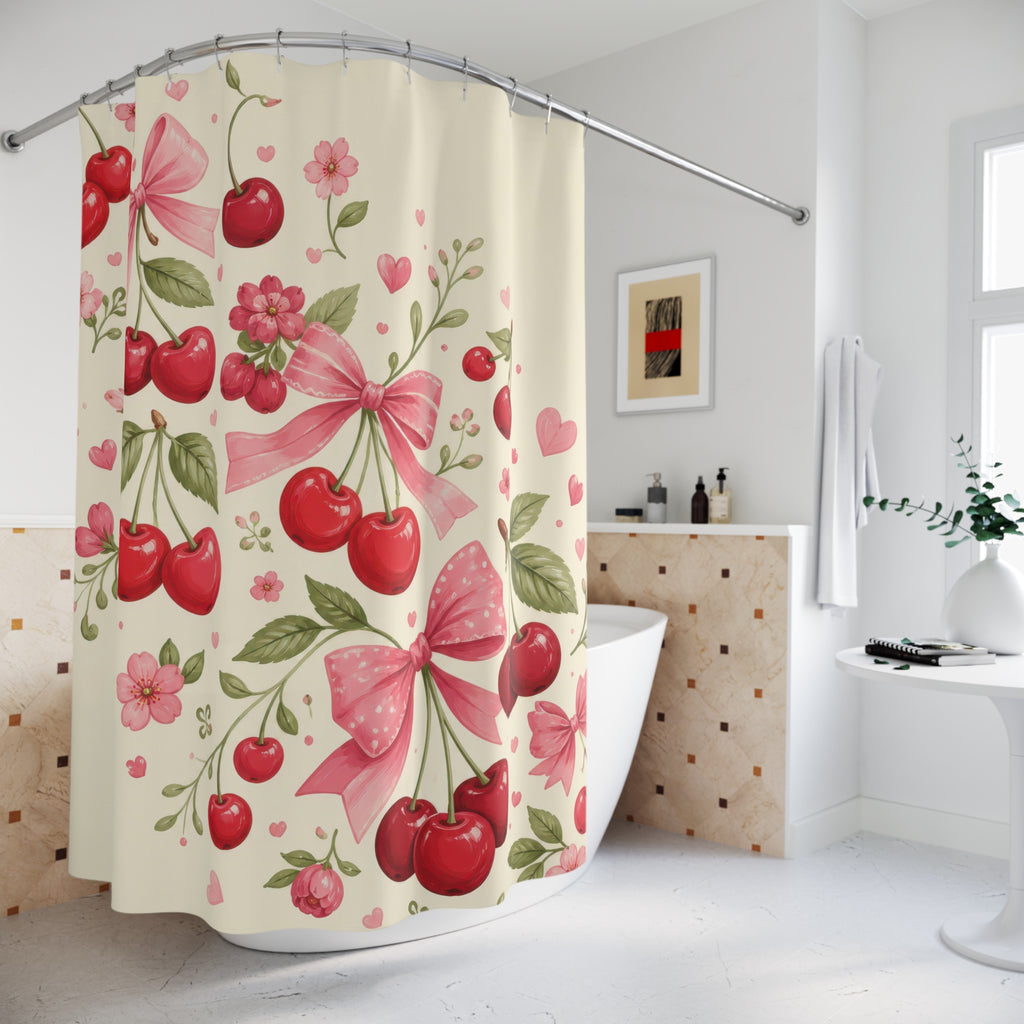 Red cherry clusters and pink bows sweeping across cream shower curtain beside a freestanding tub