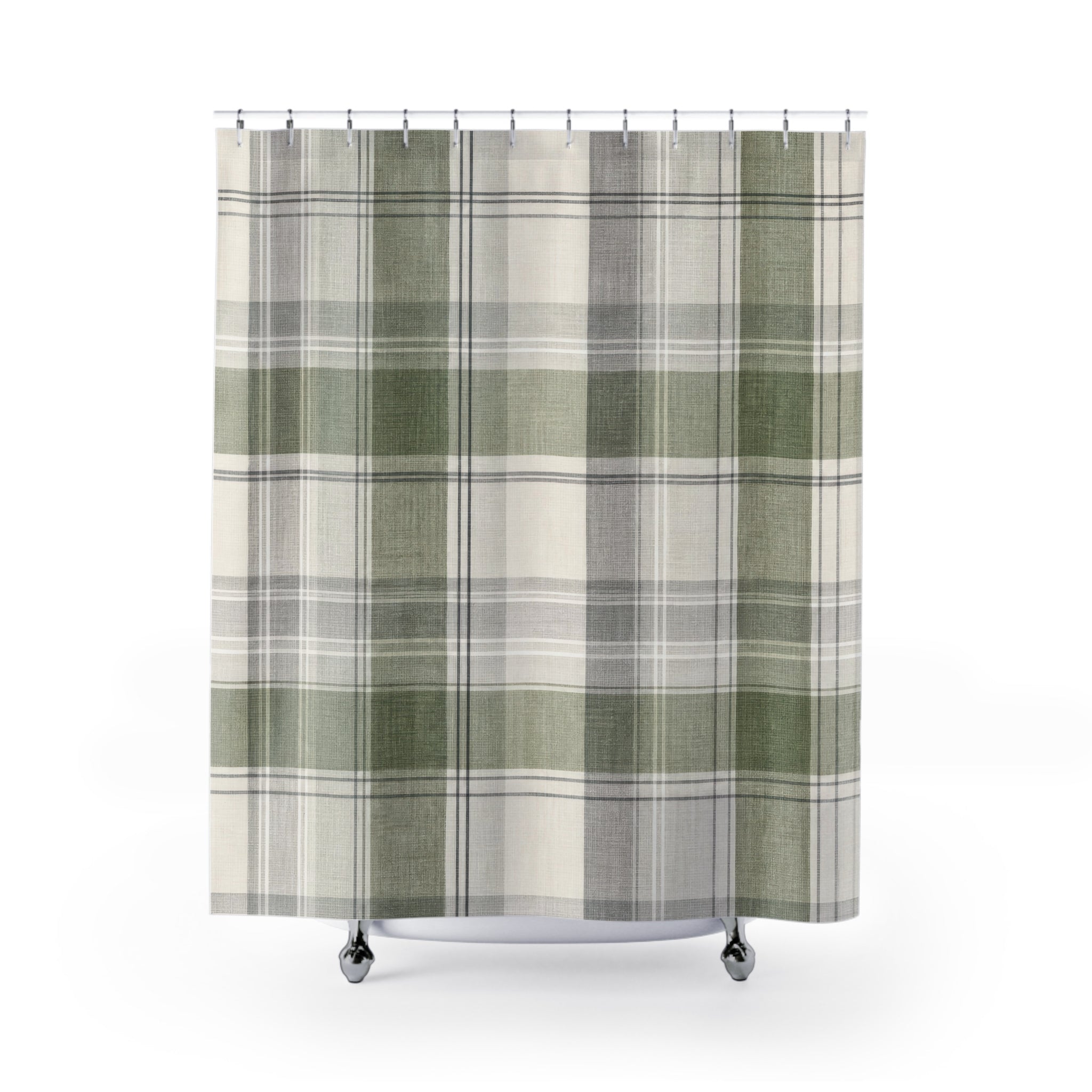 Green Grey Plaid Shower Curtain, Green Grey Classic Bathroom Decor, Plaid Pattern Bath Curtain, Guest Bath Decor, Small Bathroom Decor