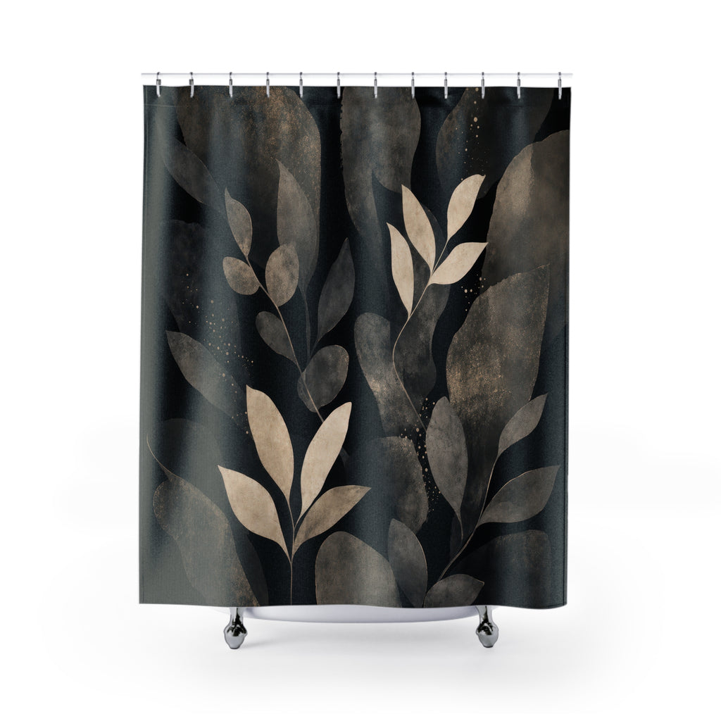 Black Botanical Shower Curtain, Charcoal Leaf Bath Decor, Cream Gray Painted Branch Pattern, Moody Floral Bathroom Decor, Modern Garden
