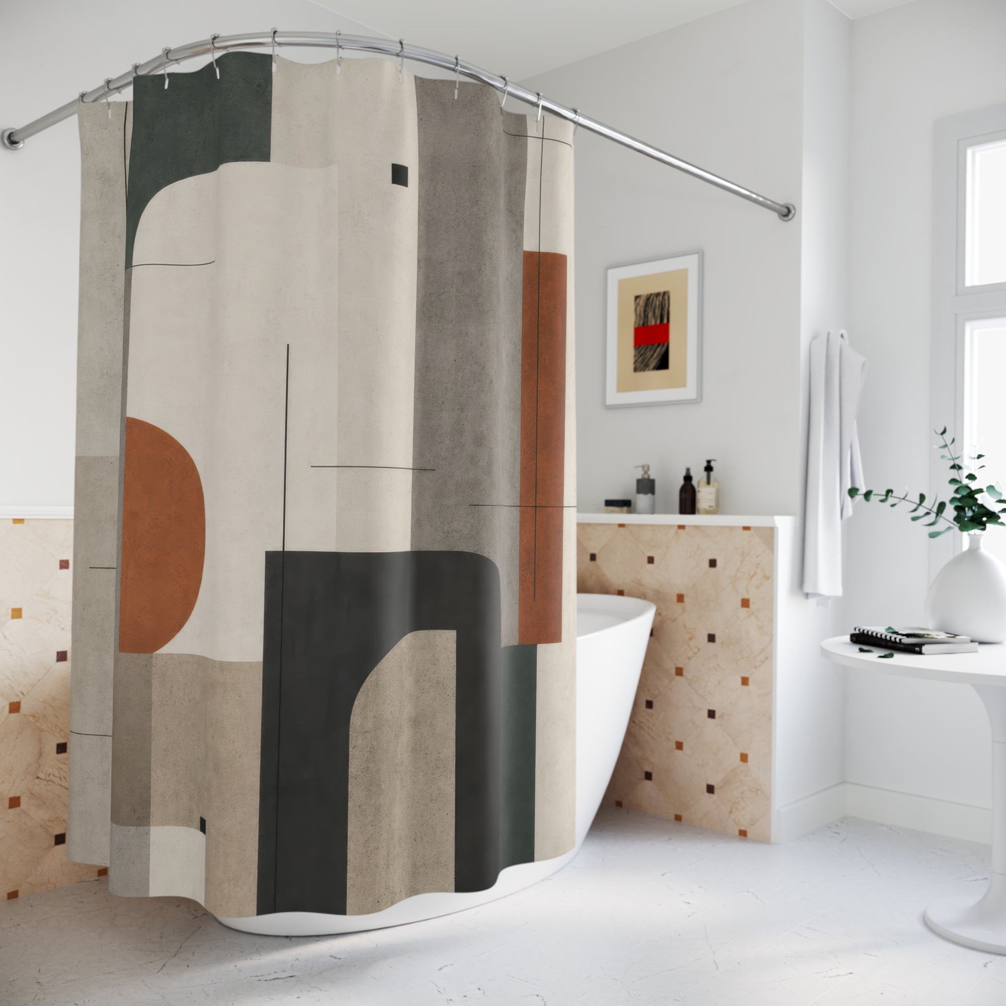 Geometric Shower Curtain, Gray Sage Terracotta Arch Blocks, Modern Abstract Line Art, Architectural Bathroom Decor, Warm Neutral Bath Style