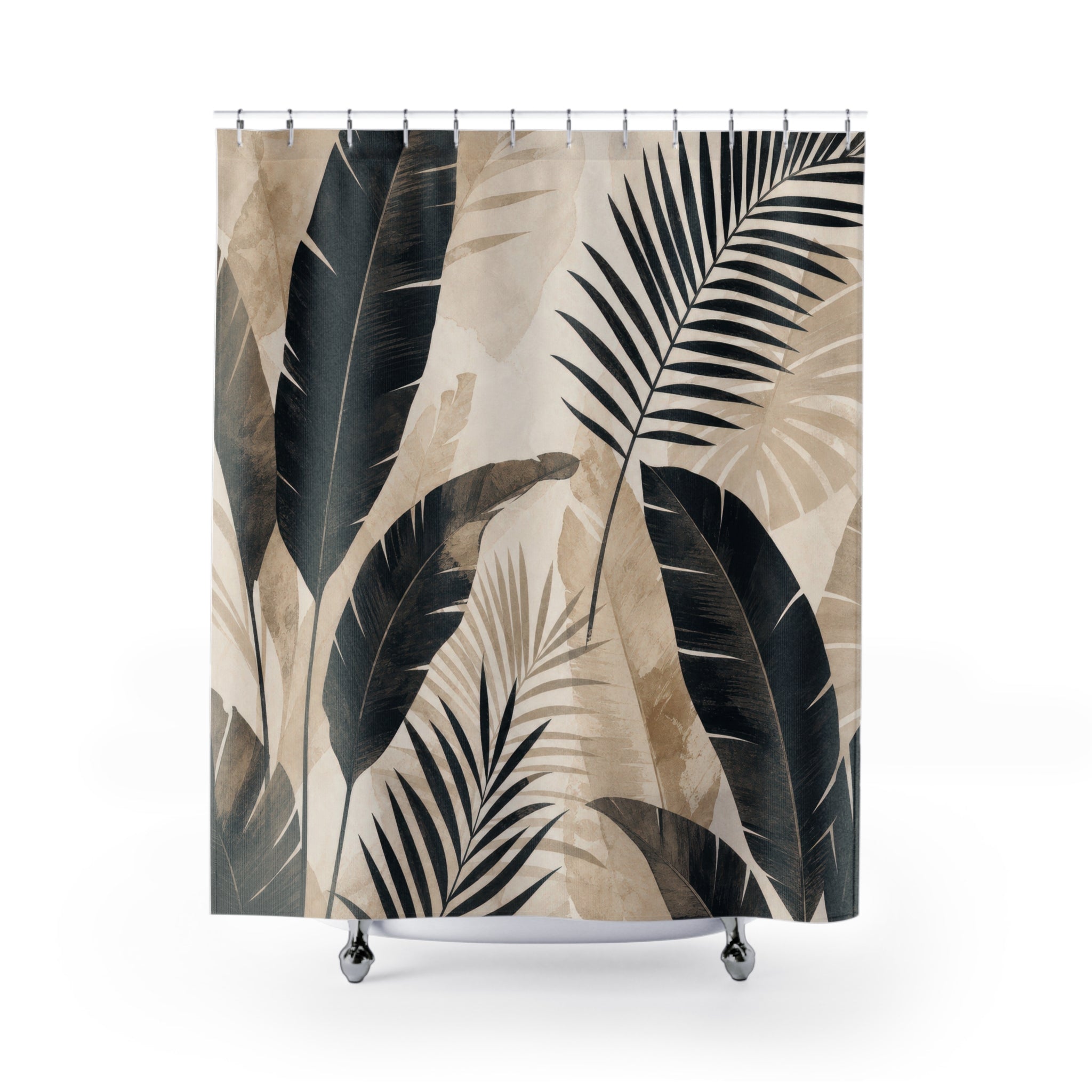 Black Beige Tropical Botanical Shower Curtain