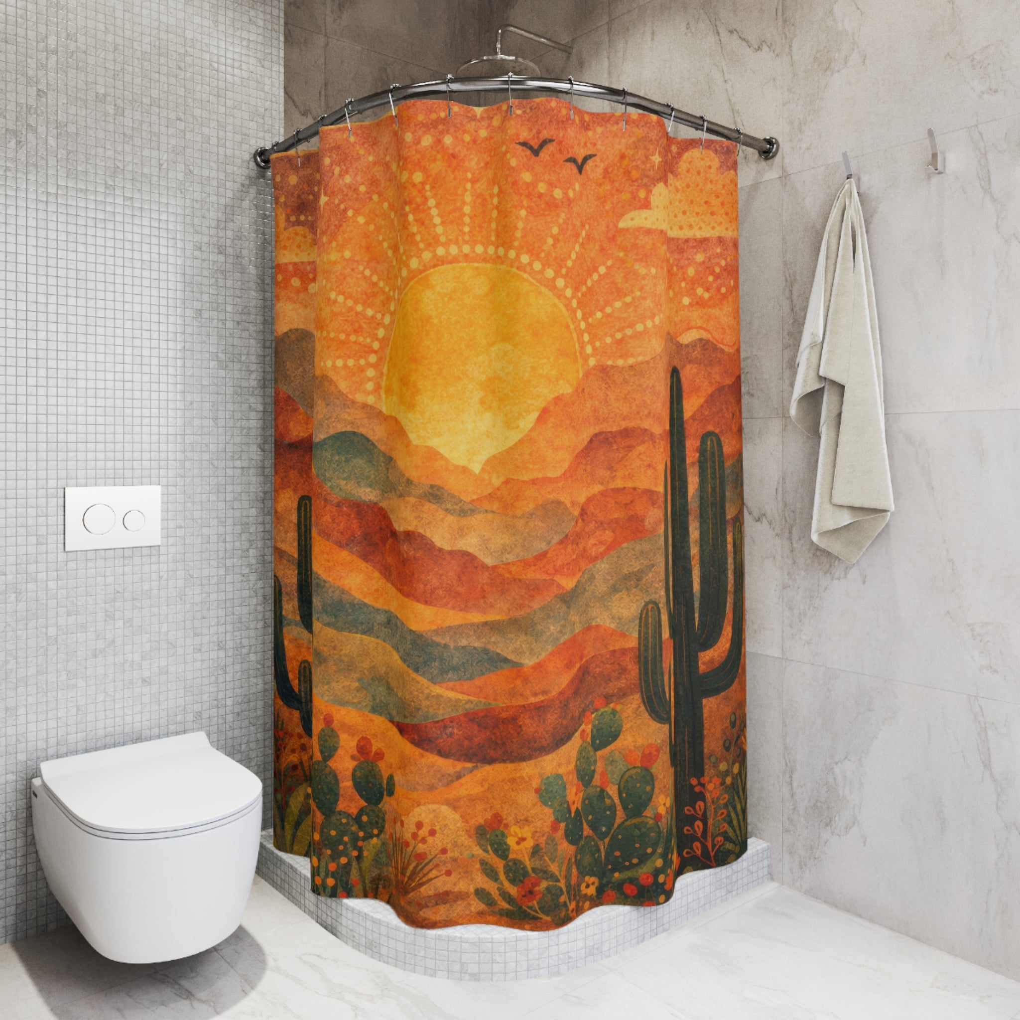 Folk Art Desert Shower Curtain — Terracotta Cactus