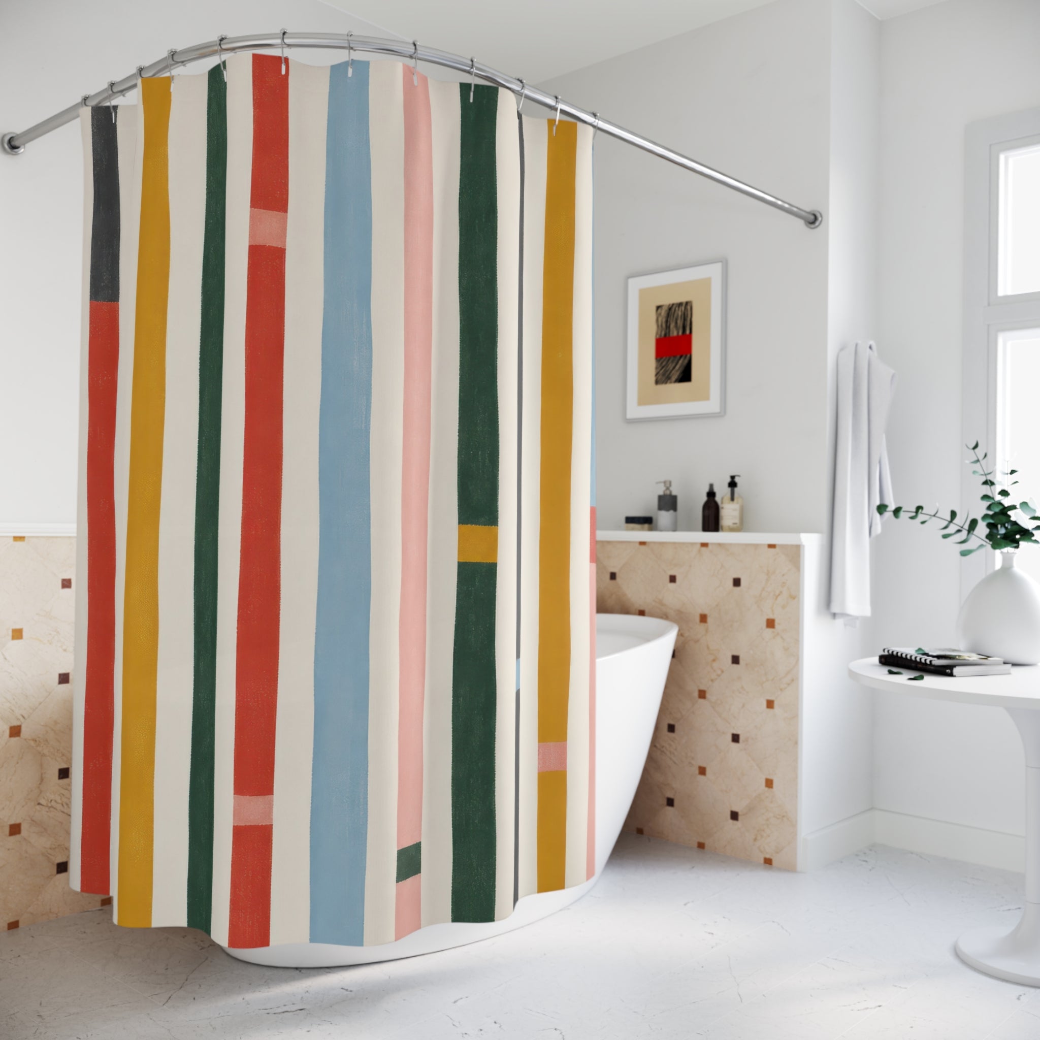 Coral Sage Mustard Vertical Stripe Shower Curtain