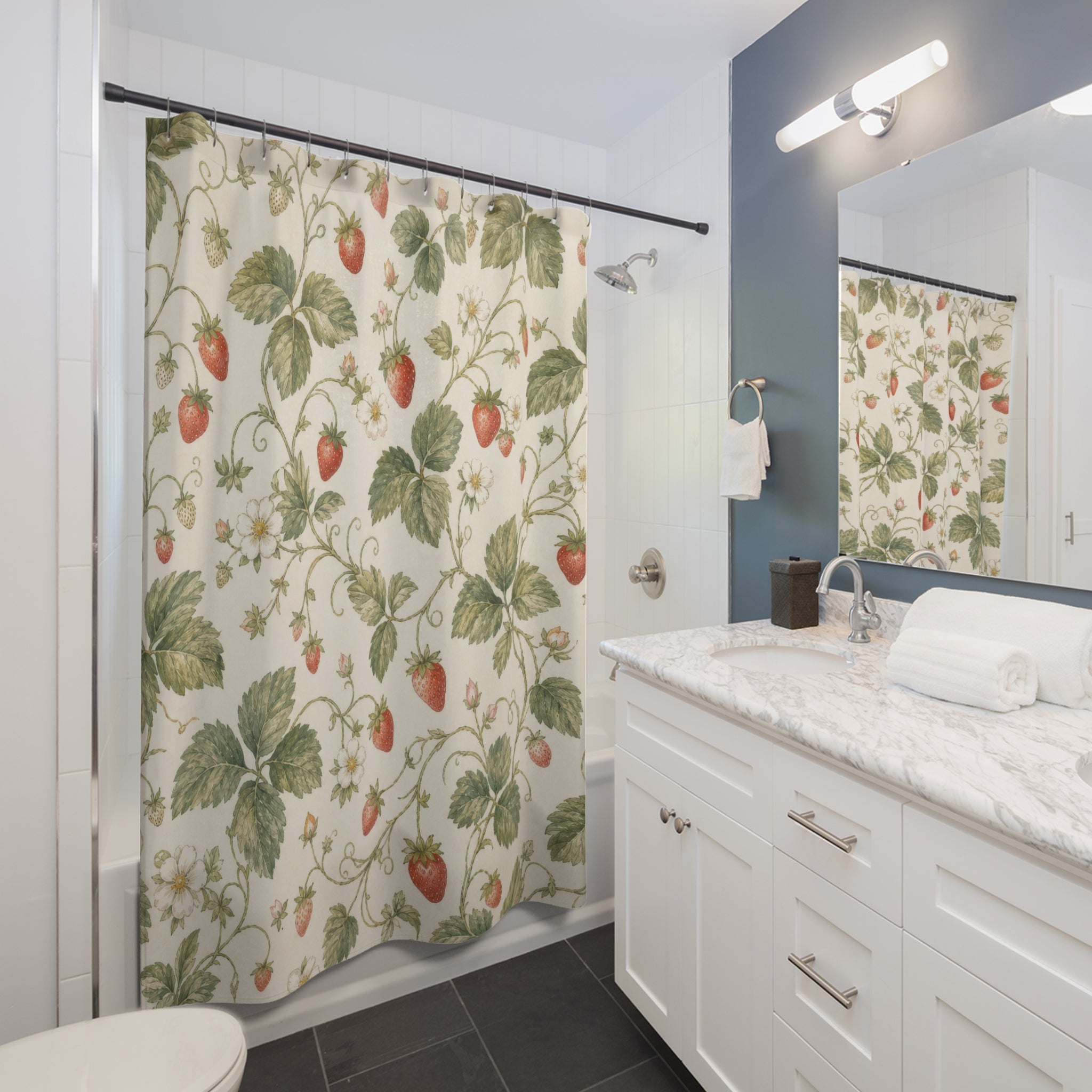 Cottagecore Botanical Strawberry Floral Cottage Beige Shower Curtain