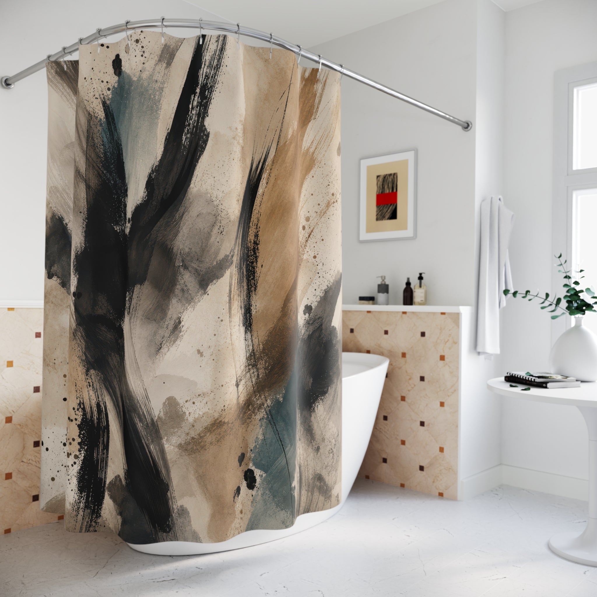 Black Tan Gestural Brushstroke Shower Curtain