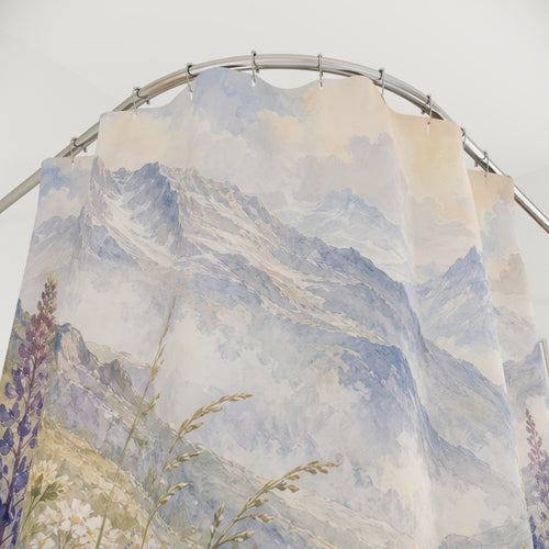 Alpine Wildflower Mirage painterly multicolor shower curtain with close-up print, hooks, and folds
