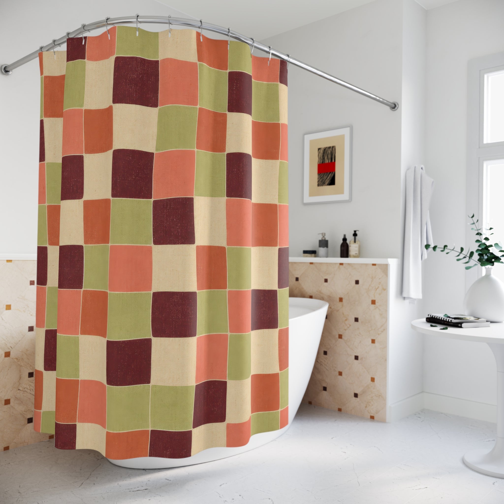 Retro Red Green Color Block Checkerboard Shower Curtain