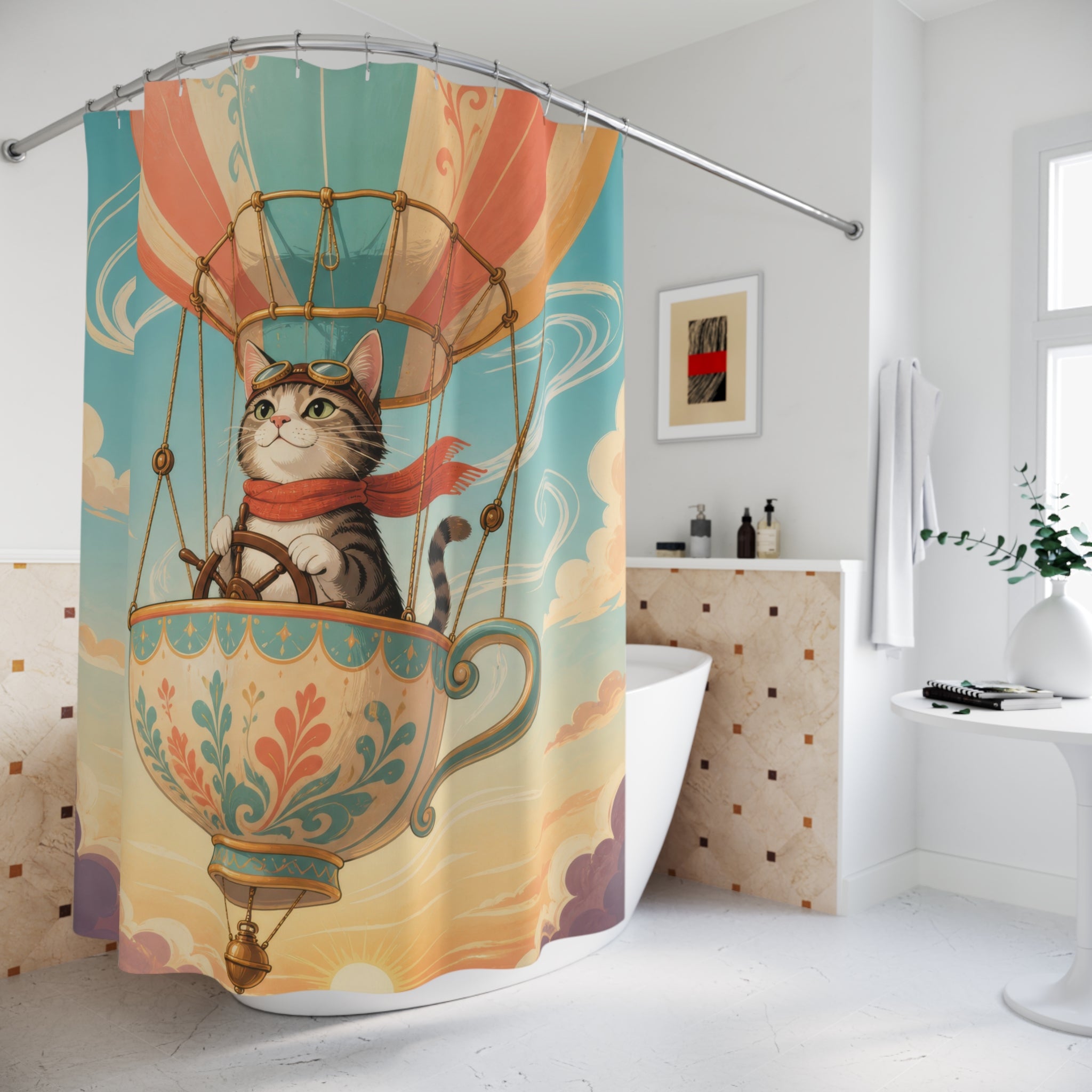 Cat piloting a teacup balloon through pastel clouds shower curtain beside a freestanding tub