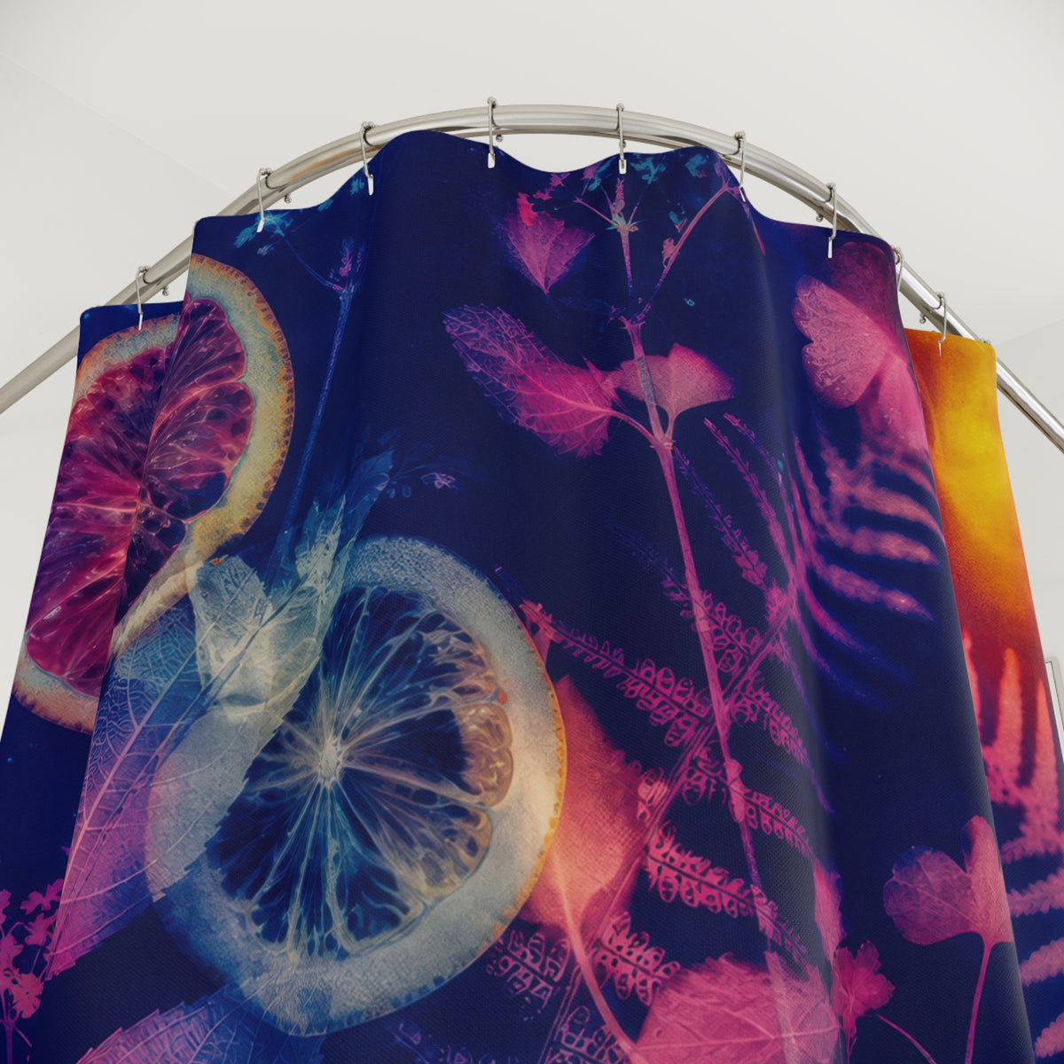 Photo Lumen Print Citrus Botanical Art shower curtain with close-up print, hooks, and folds