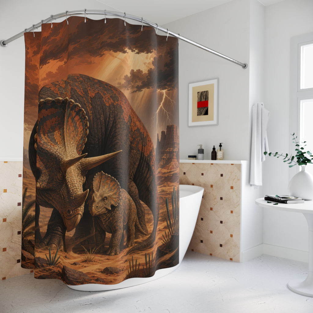 Triceratops mother and calf in a stormy canyon shower curtain beside a freestanding tub