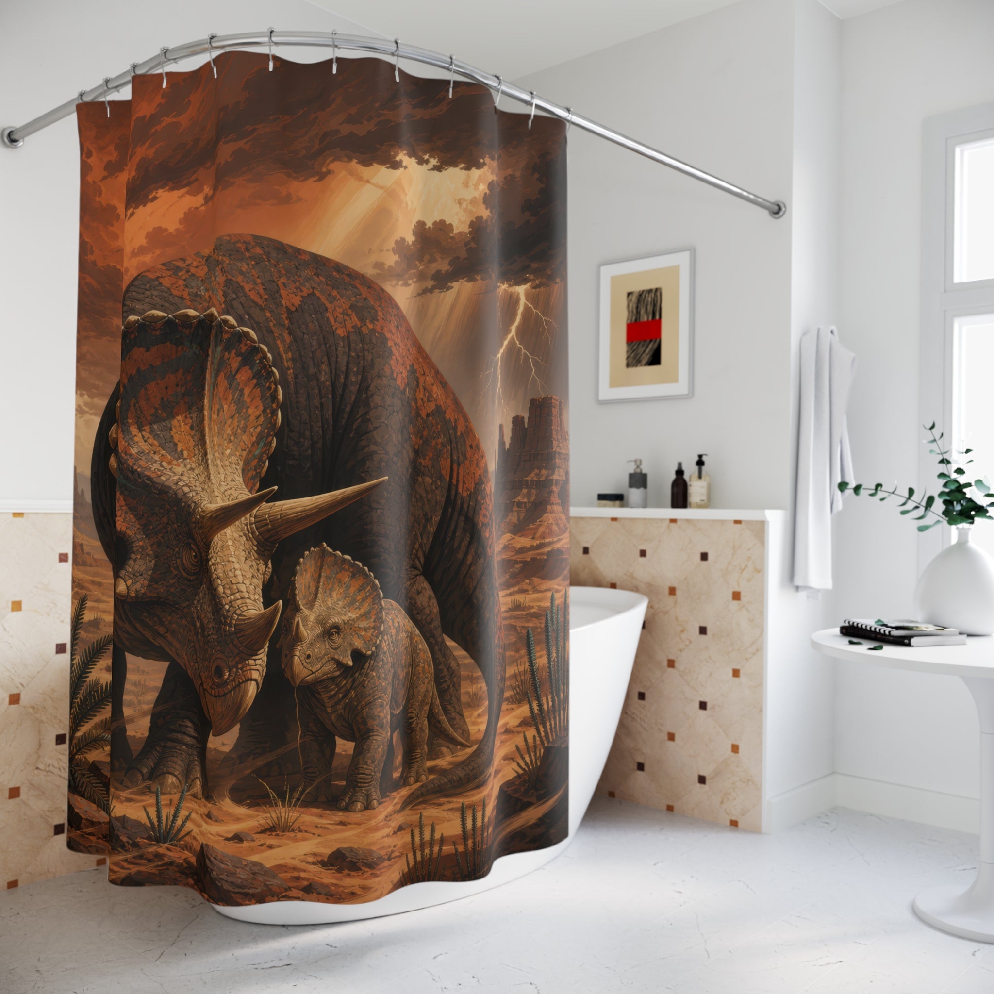 Triceratops mother and calf in a stormy canyon shower curtain beside a freestanding tub
