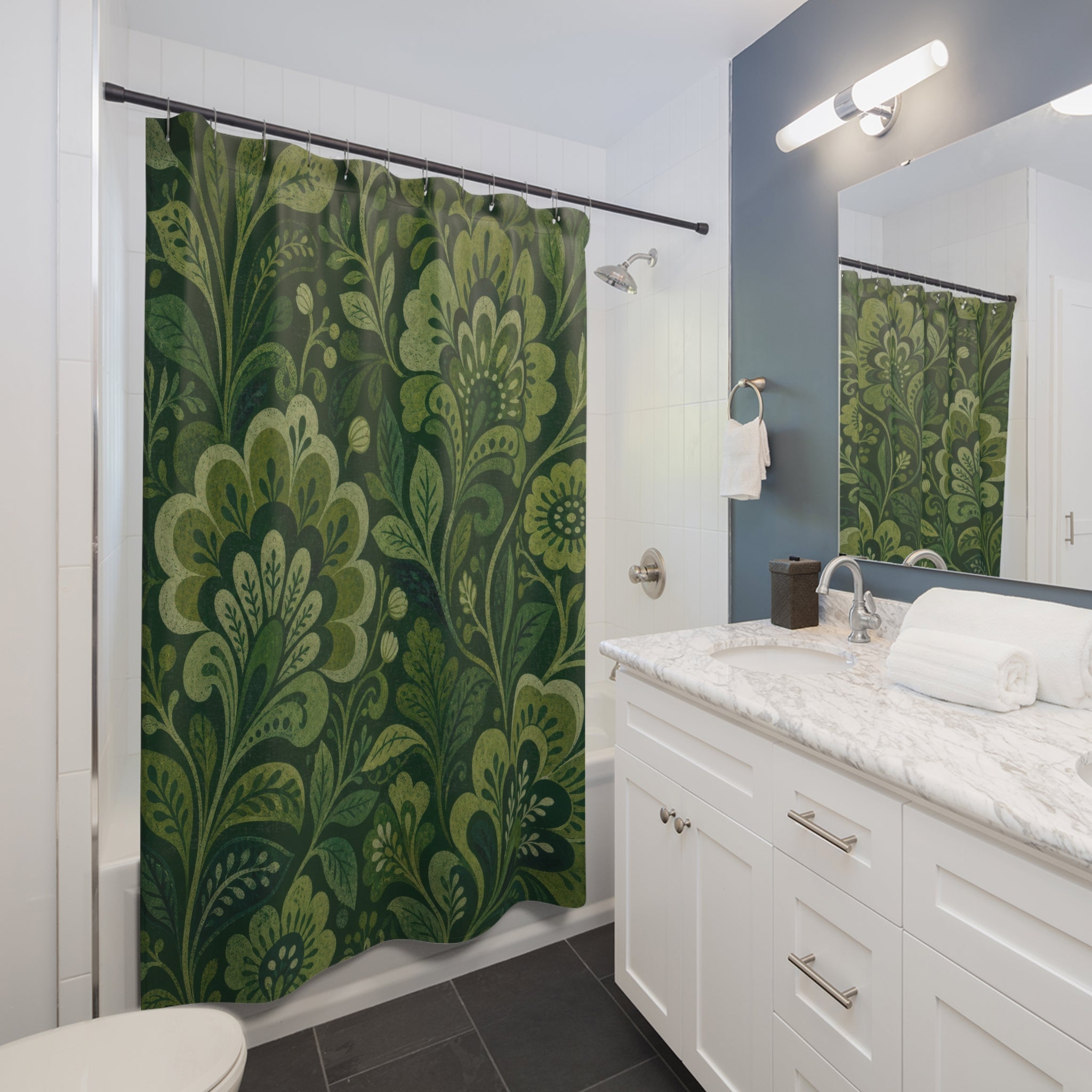 Green Floral Shower Curtain, Boho Paisley Bath Decor, Sage Botanical Vine Pattern, Guest Bathroom Decor, Ornamental Bohemian Style