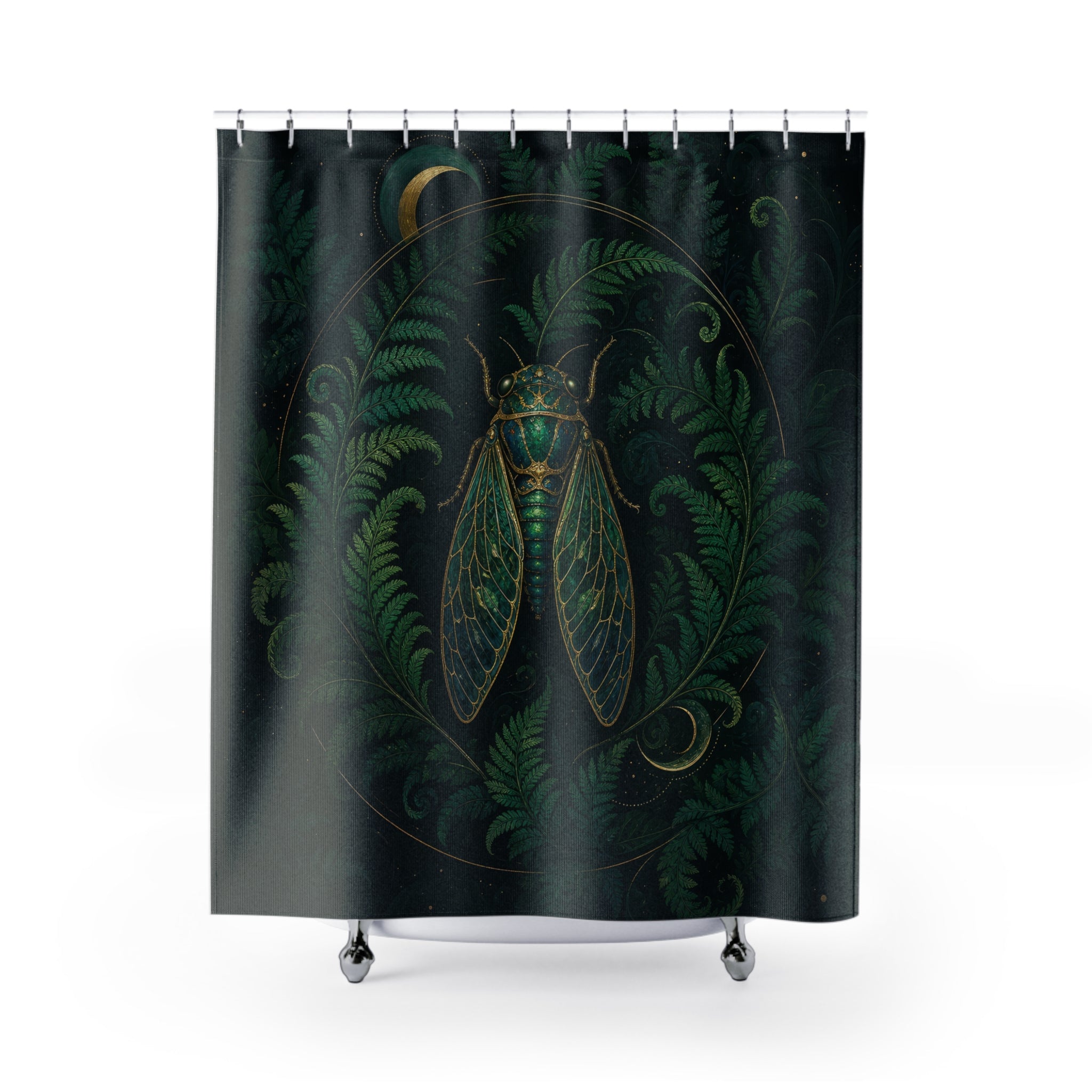Dark Green Celestial Cicada Shower Curtain