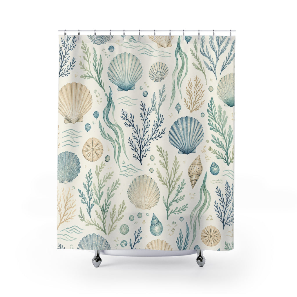 Coastal Shower Curtain, Shell Seaweed Beach Pattern, Pale Blue Bathroom Decor, Serene Beach Wall Decor Guest Bath Wall Gift For Home