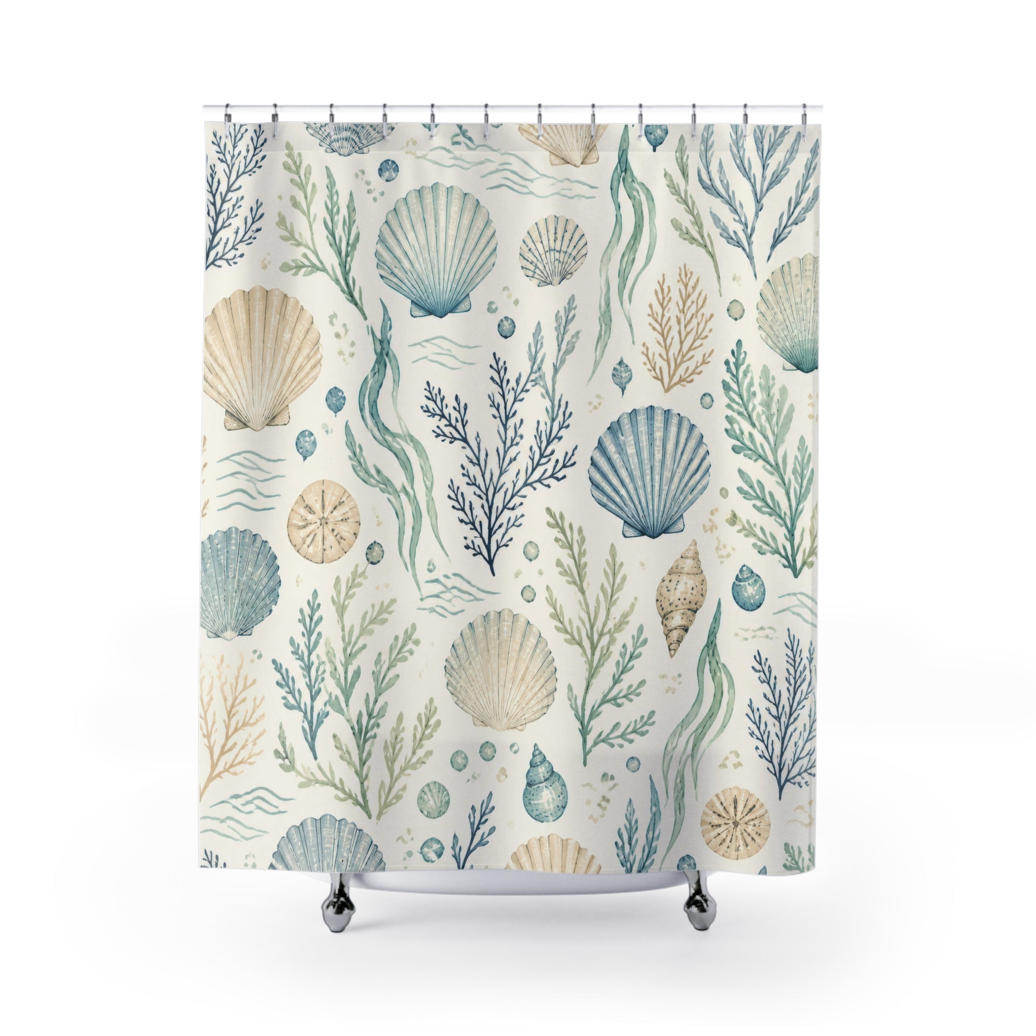 Coastal Shower Curtain, Shell Seaweed Beach Pattern, Pale Blue Bathroom Decor, Serene Beach Wall Decor Guest Bath Wall Gift For Home