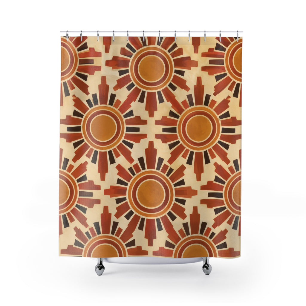 Ochre suns with terracotta rays on cream shower curtain with full front view