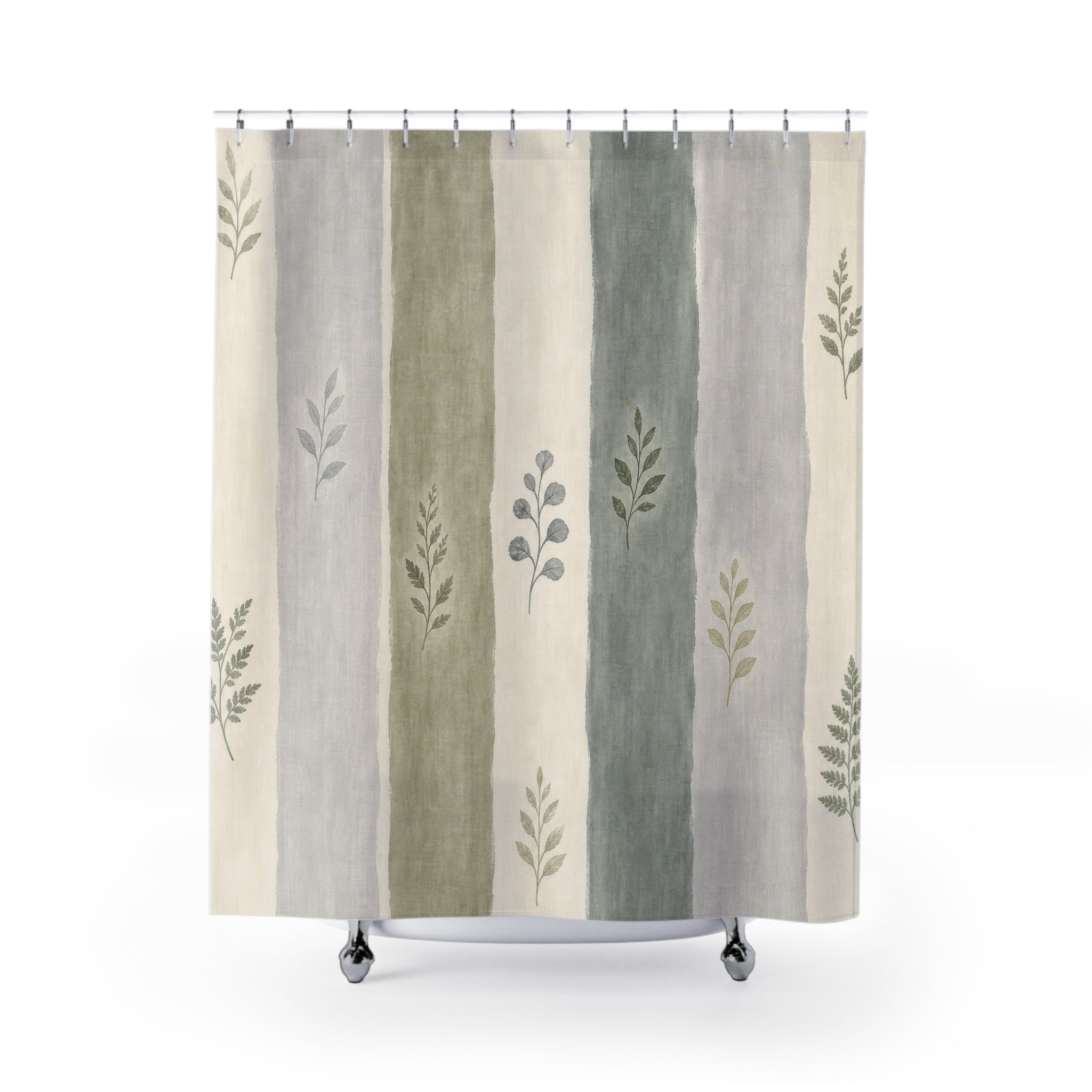 Sage Botanical Stripe Shower Curtain, Sage Green Classic Bathroom Decor, Botanical Stripe Bath Curtain, Guest Bath Decor, Home Decor