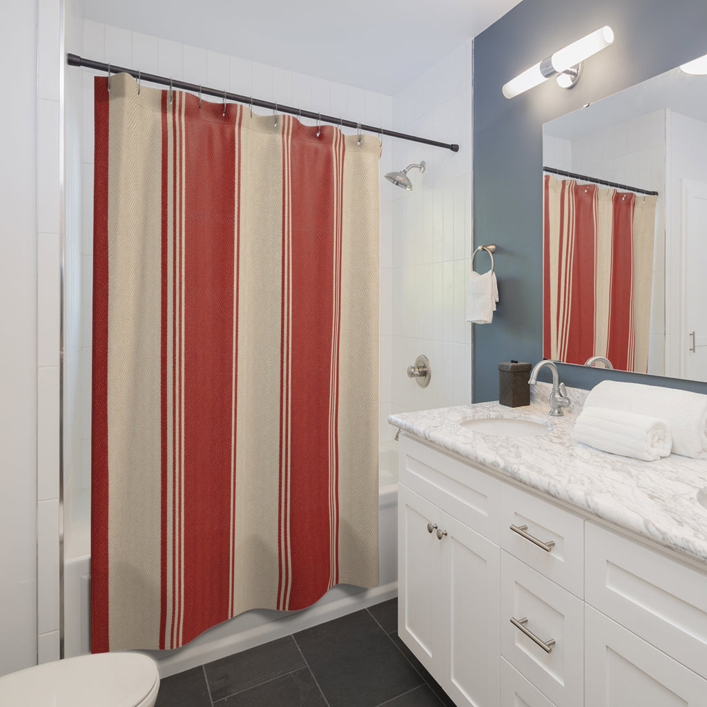 Red and White Striped Shower Curtain: Herringbone Woven Stripe
