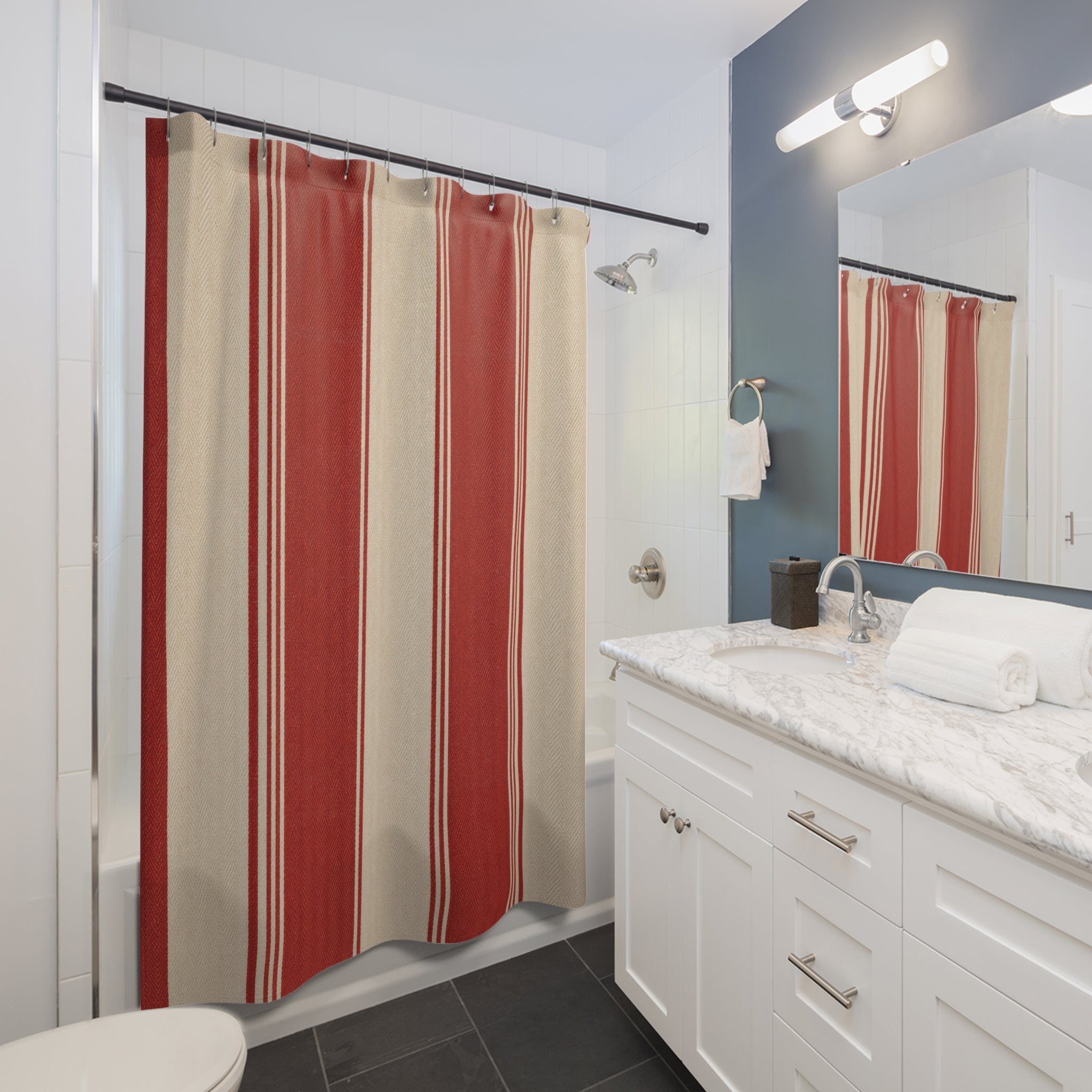 Red and White Striped Shower Curtain: Herringbone Woven Stripe