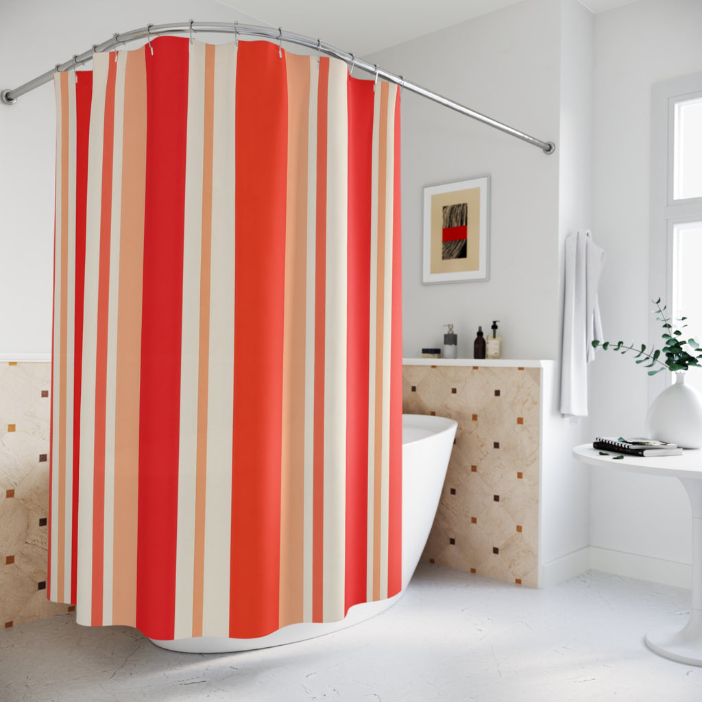 Warm Poppy Coral Stripe Shower Curtain, Poppy Red Classic Bathroom Decor, Modern Stripe Bath Curtain, Guest Bath Decor, Small Bathroom Decor
