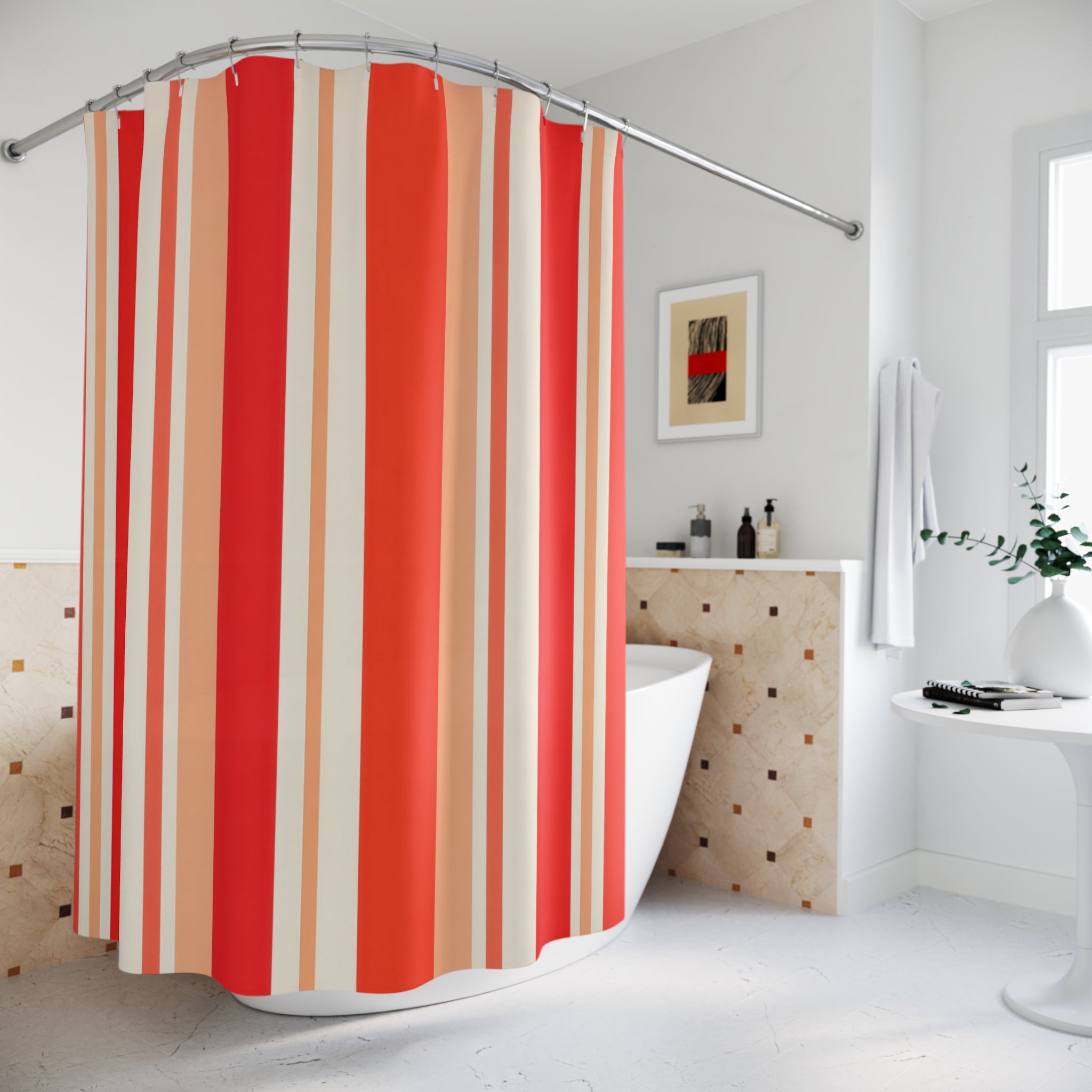 Warm Poppy Coral Stripe Shower Curtain, Poppy Red Classic Bathroom Decor, Modern Stripe Bath Curtain, Guest Bath Decor, Small Bathroom Decor
