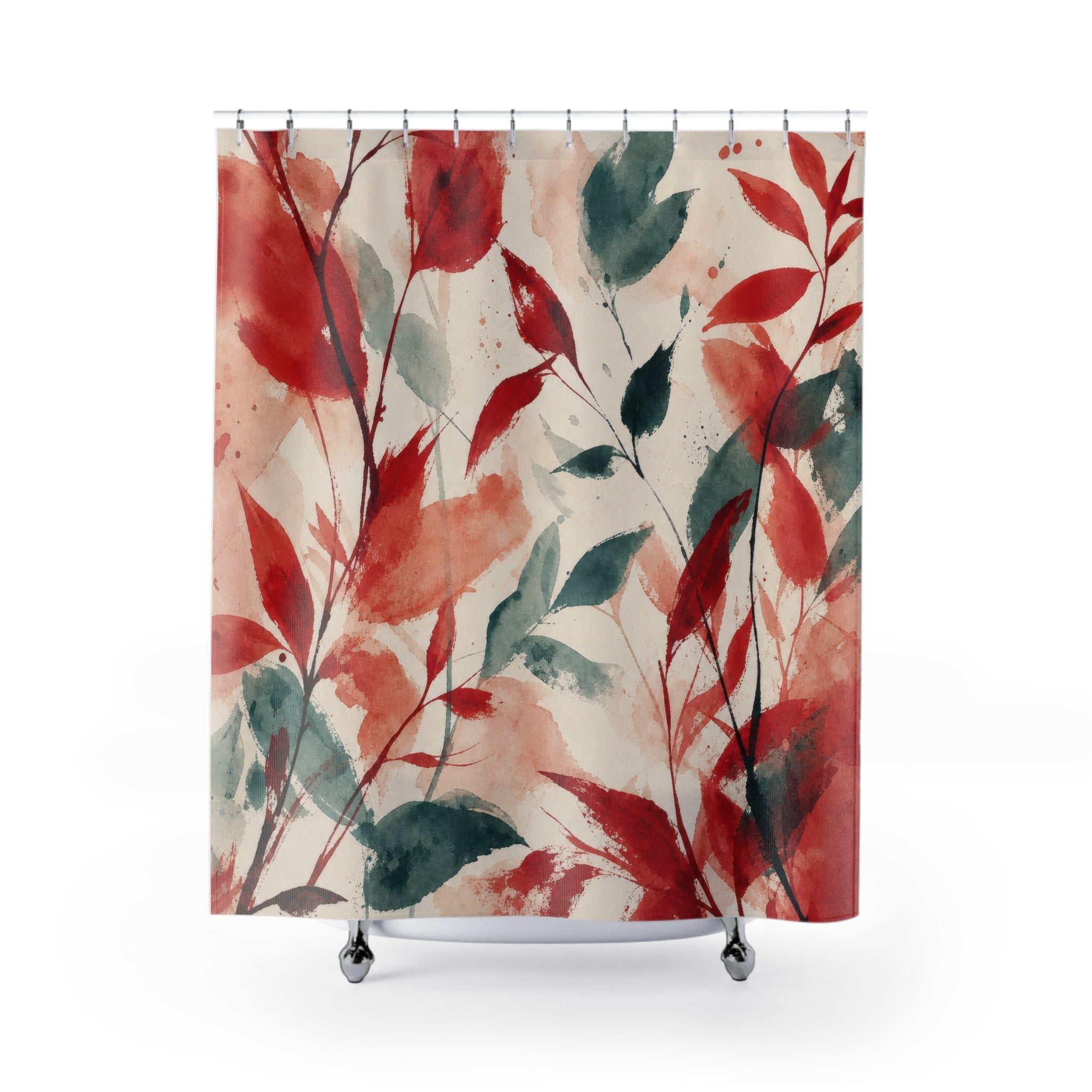 Teal Botanical Red Floral Shower Curtain