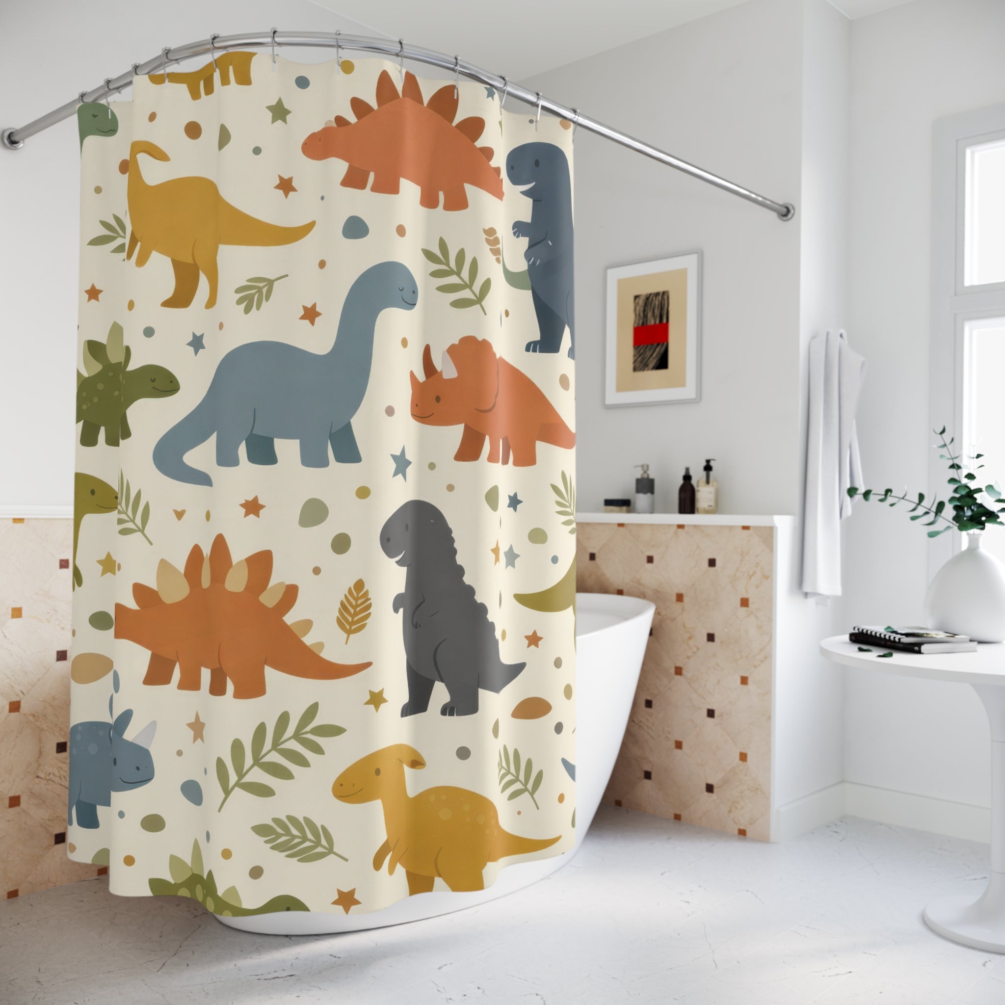 Kids Dinosaur Shower Curtain — Muted Pastels