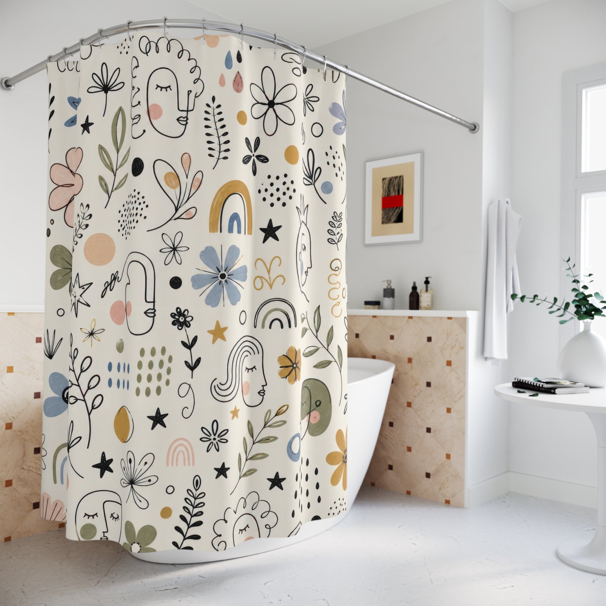 Doodle Flower Shower Curtain, Hand Drawn Floral Repeat Bath Decor, Black Ivory Sage Blush Pattern, Playful Modern Guest Bathroom Decor