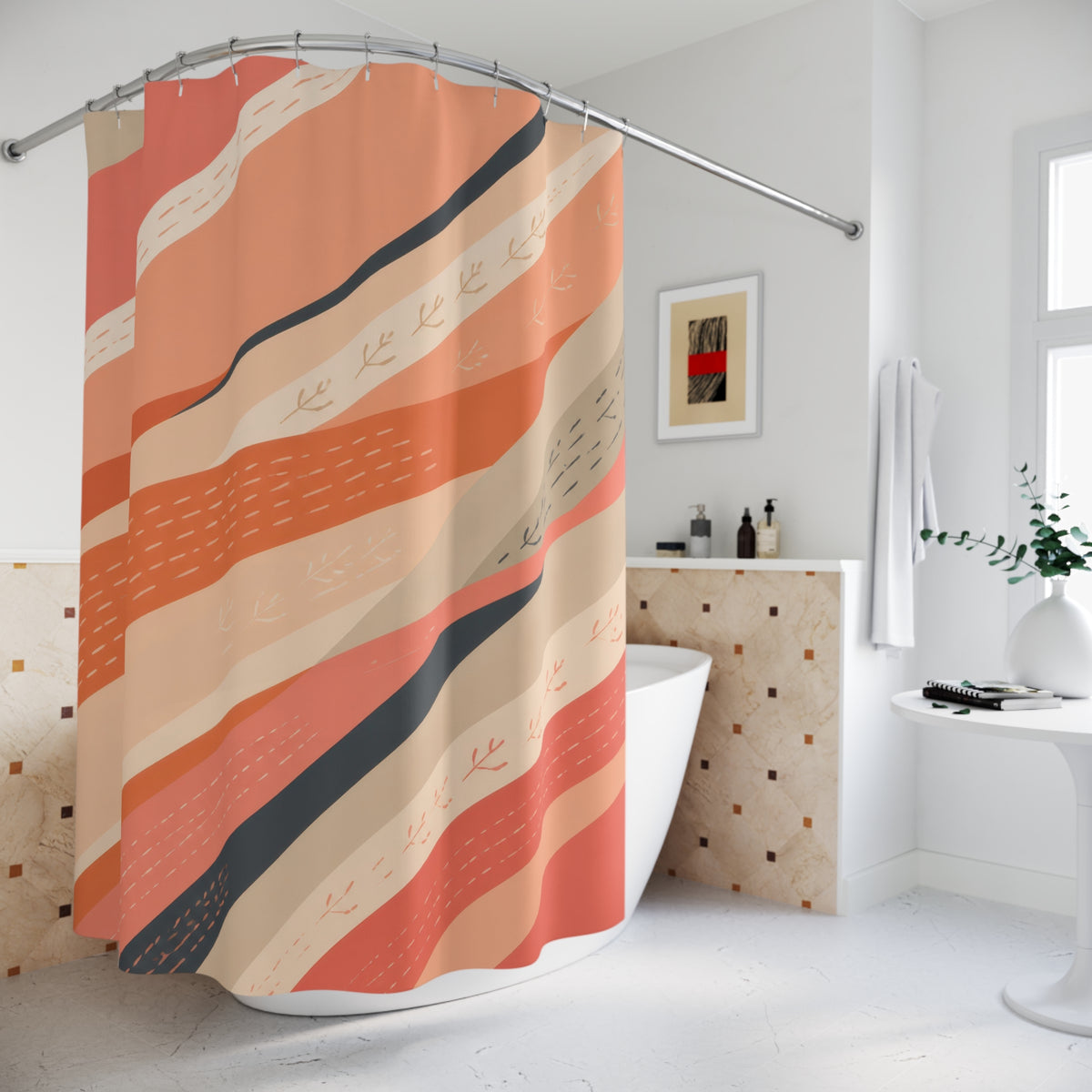 Sweeping coral ribbons with hand-drawn sprig marks shower curtain beside a freestanding tub