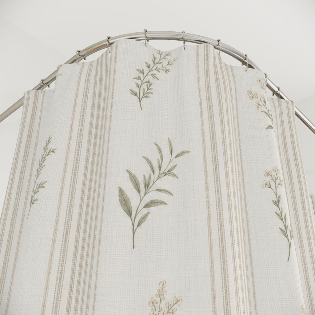 Botanical Stripe White Farmhouse Shower Curtain