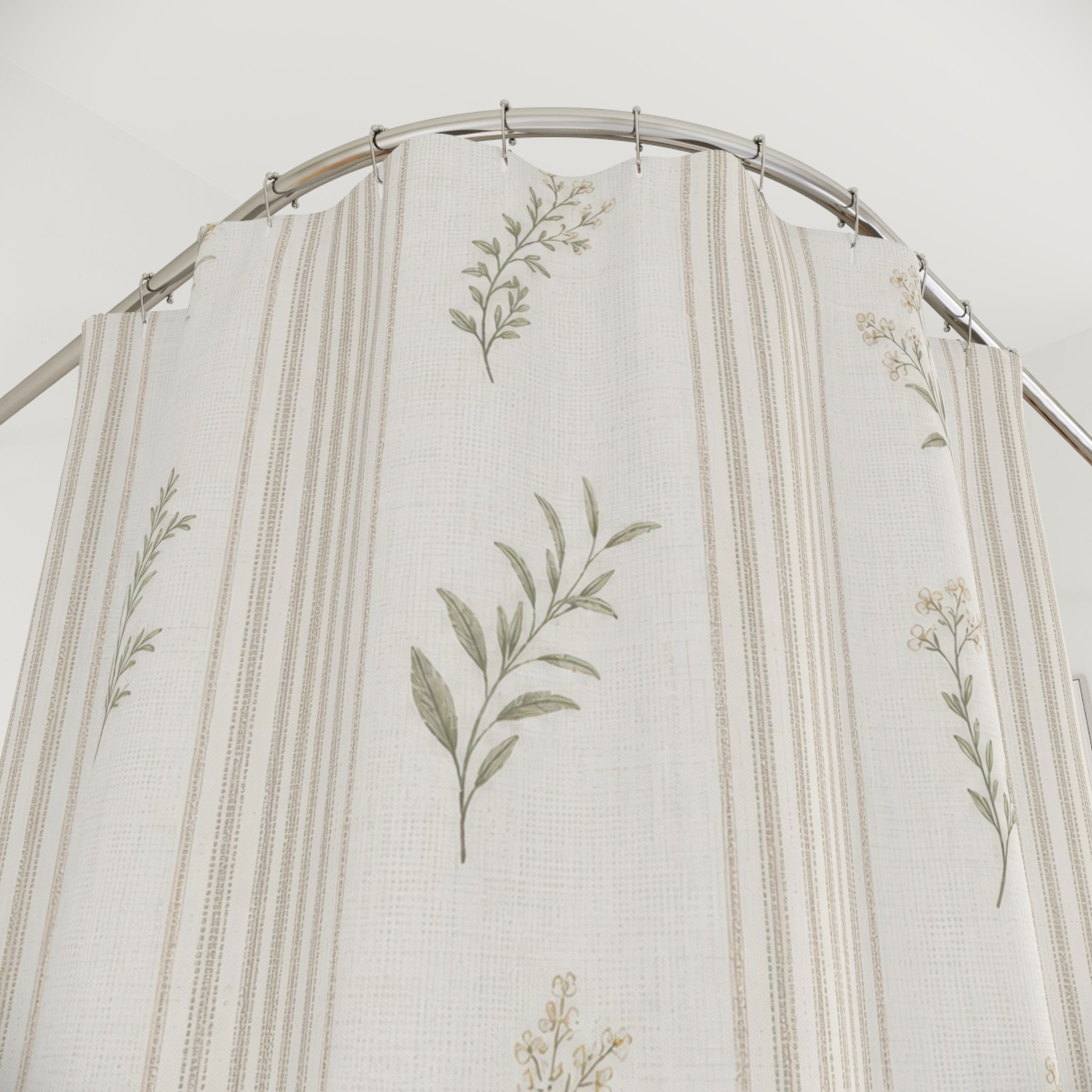 Botanical Stripe White Farmhouse Shower Curtain