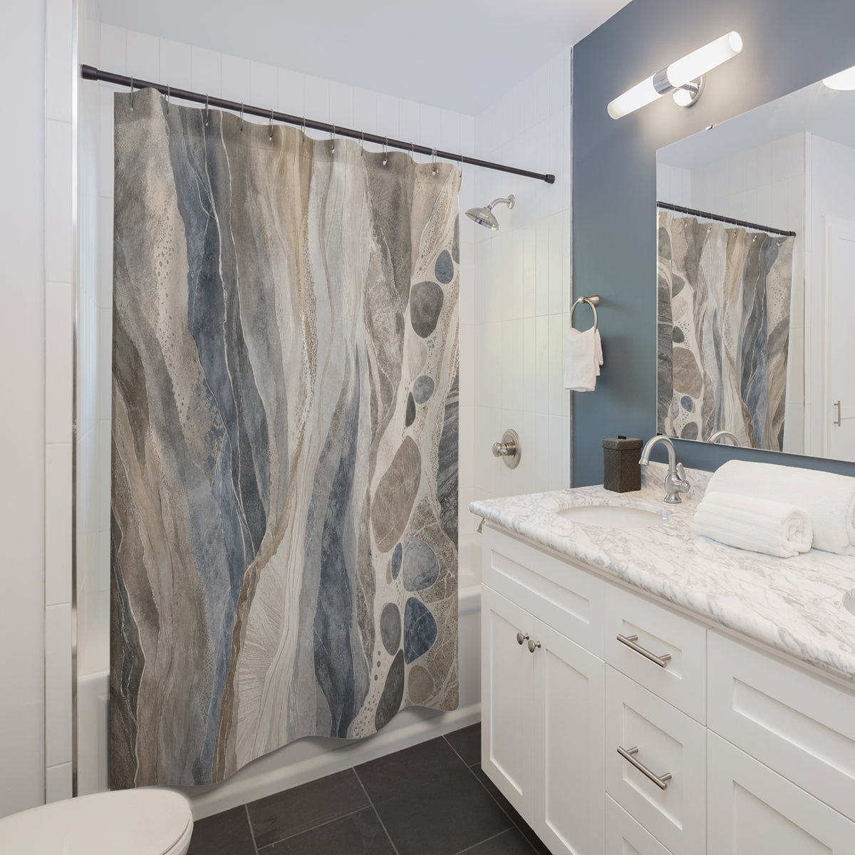 Stone Abstract slate gray blue shower curtain beside a white vanity