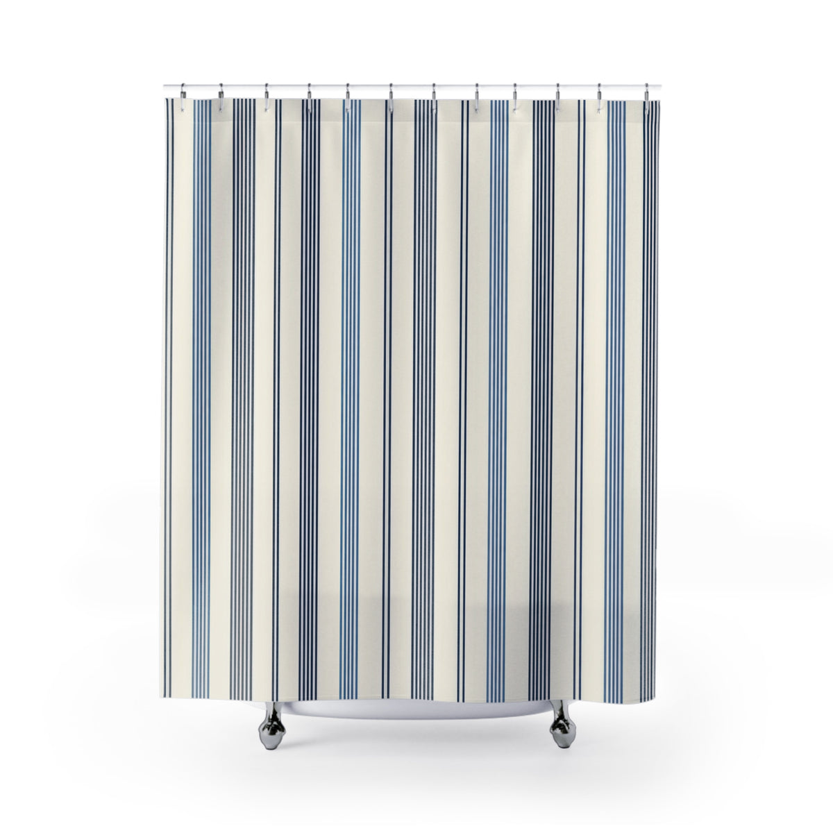 Navy and slate-blue pinstripe groups on warm ivory shower curtain with full front view