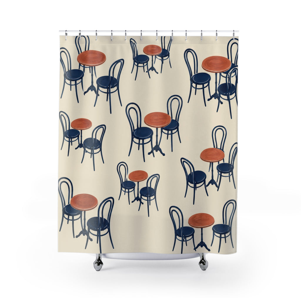 Navy bentwood chairs and terracotta café tables on ivory shower curtain with full front view