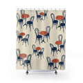 Navy bentwood chairs and terracotta café tables on ivory shower curtain with full front view
