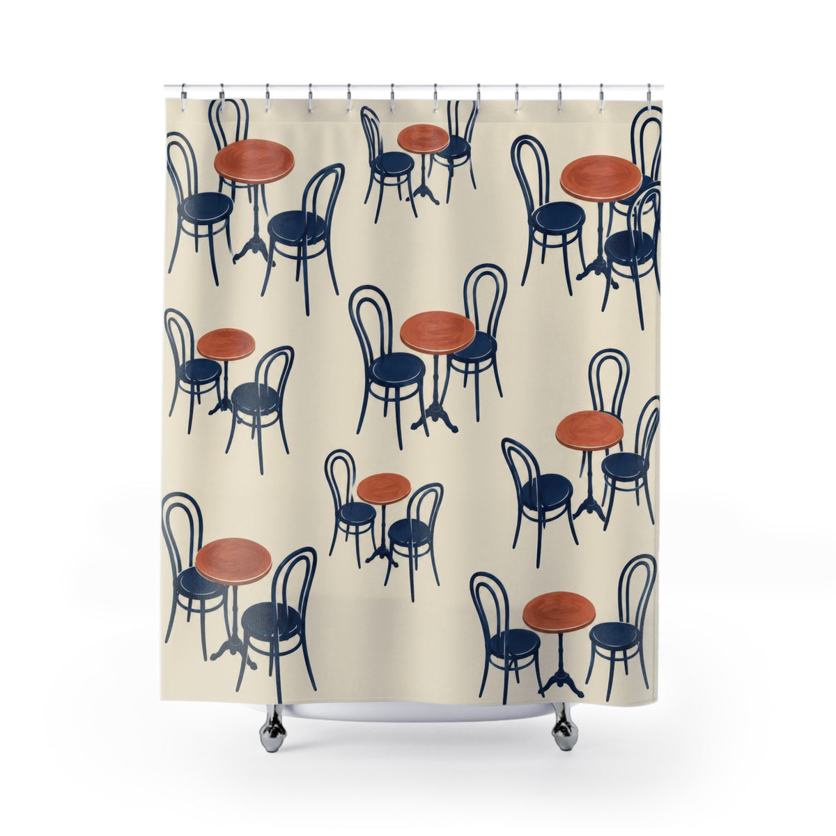 Navy bentwood chairs and terracotta café tables on ivory shower curtain with full front view
