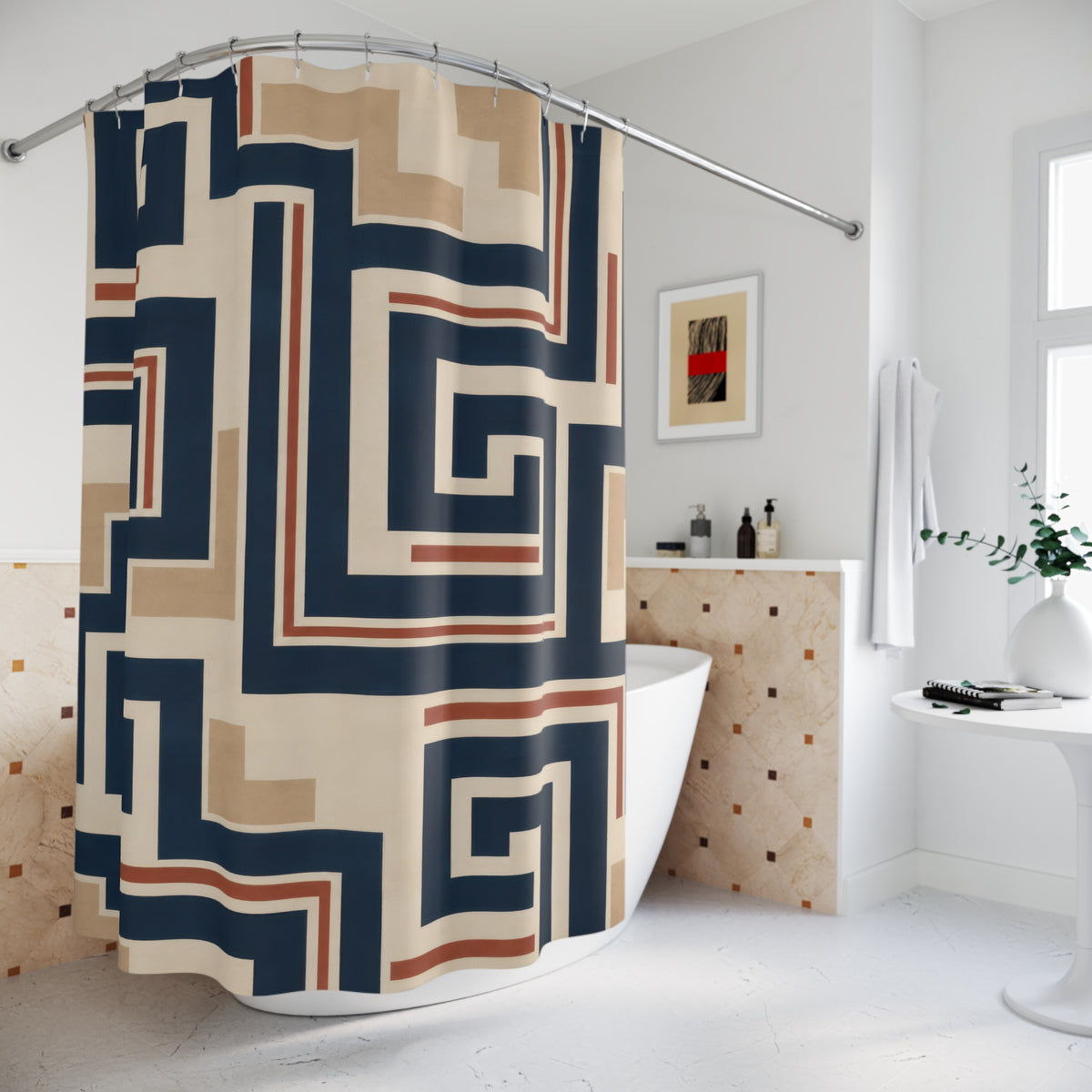Navy rust and cream Southwestern fretwork geometric pattern shower curtain beside a freestanding tub