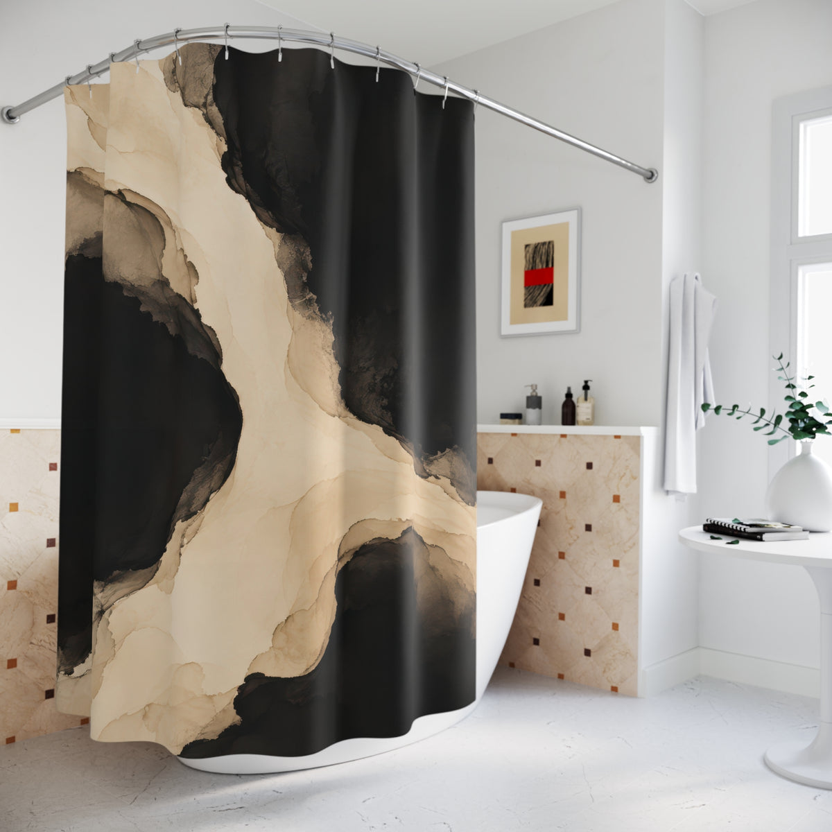 Beige and black fluid ink wash shower curtain beside a freestanding tub