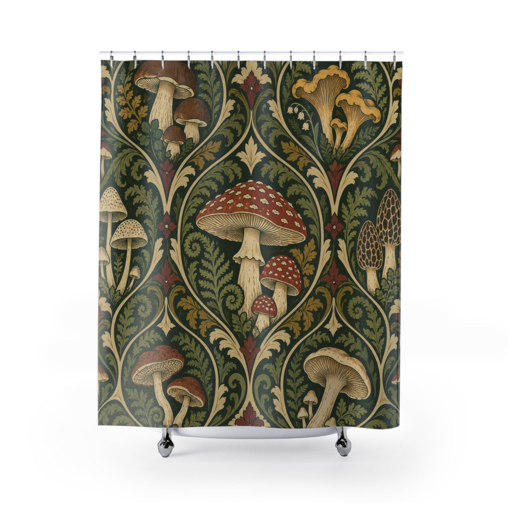 Vintage mushroom ornament in olive green and rust shower curtain with full front view