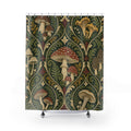 Vintage mushroom ornament in olive green and rust shower curtain with full front view