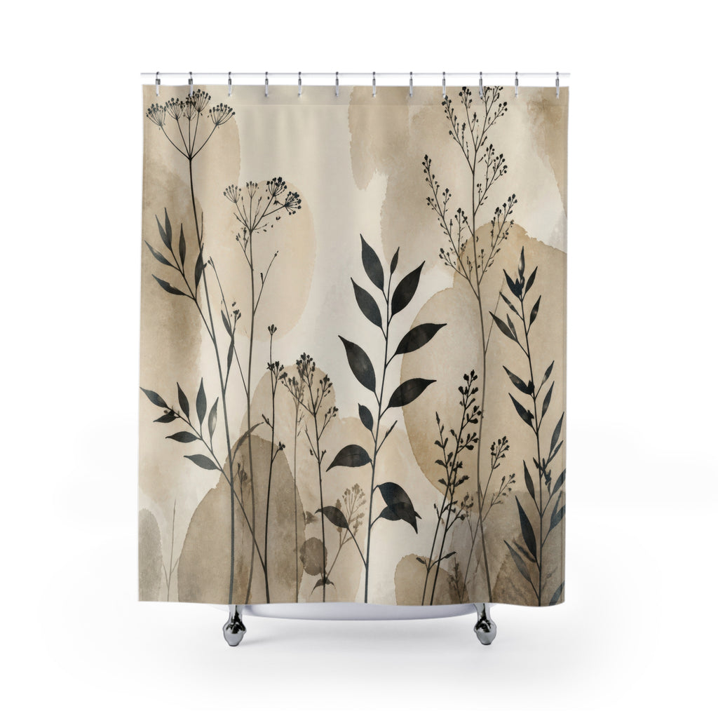 Black Beige Wildflower Silhouette Shower Curtain