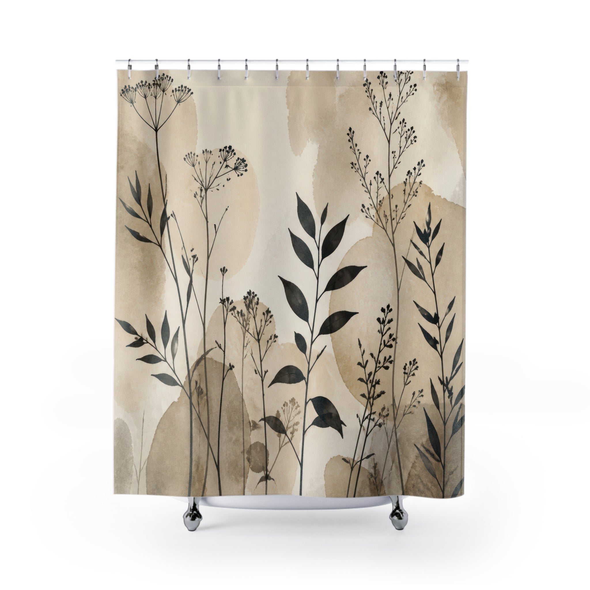 Black Beige Wildflower Silhouette Shower Curtain